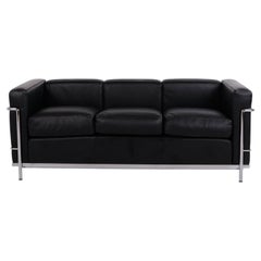 LC2 Three Seater Sofa in Original Black Leather and Chrome by Cassina