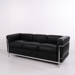 LC2 Three Seater Sofa in Original Black Leather and Chrome by Cassina