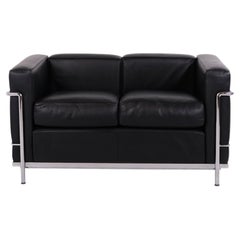 LC2 Two Seater Sofa in Black Leather and Chromed Steel by Cassina