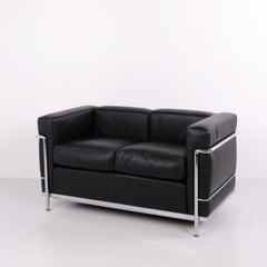 LC2 Two Seater Sofa in Black Leather and Chromed Steel by Cassina