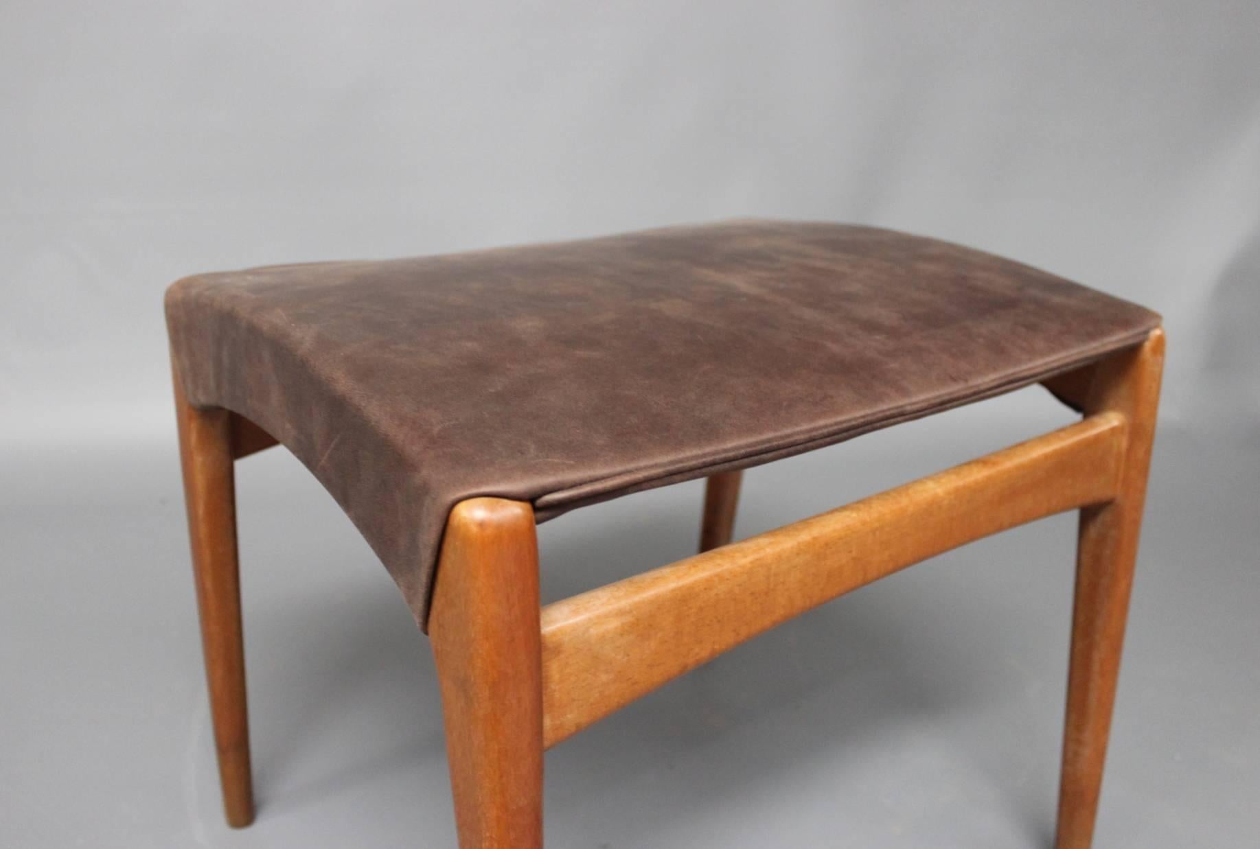 Scandinavian Modern Stool in Polished Wood and Patinated Leather of Danish Design, 1960s