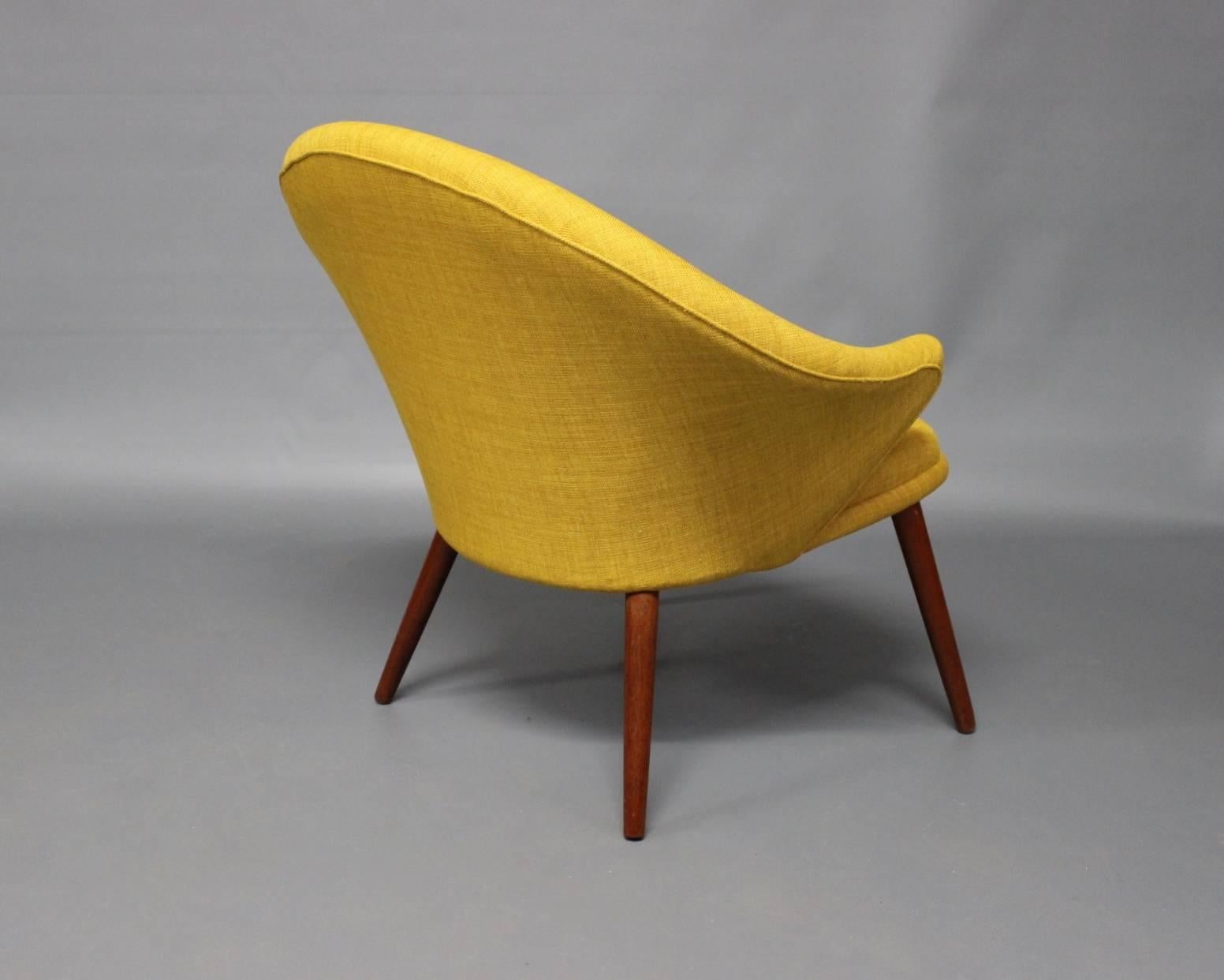 Scandinavian Modern Nanna Ditzel Armchair Upholstered in Yellow Fabric and Legs of Teak, 1960s