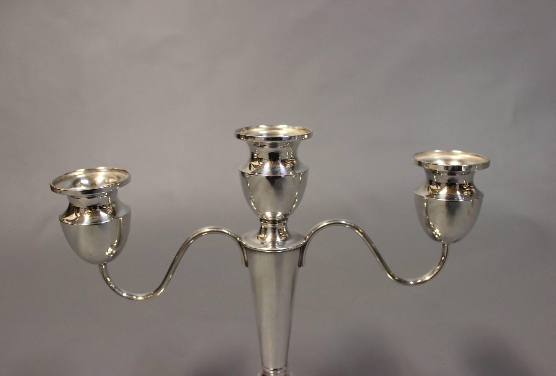 Danish Set of Three-Armed Candlesticks in 830 Silver, with Green Felt at the Bottom