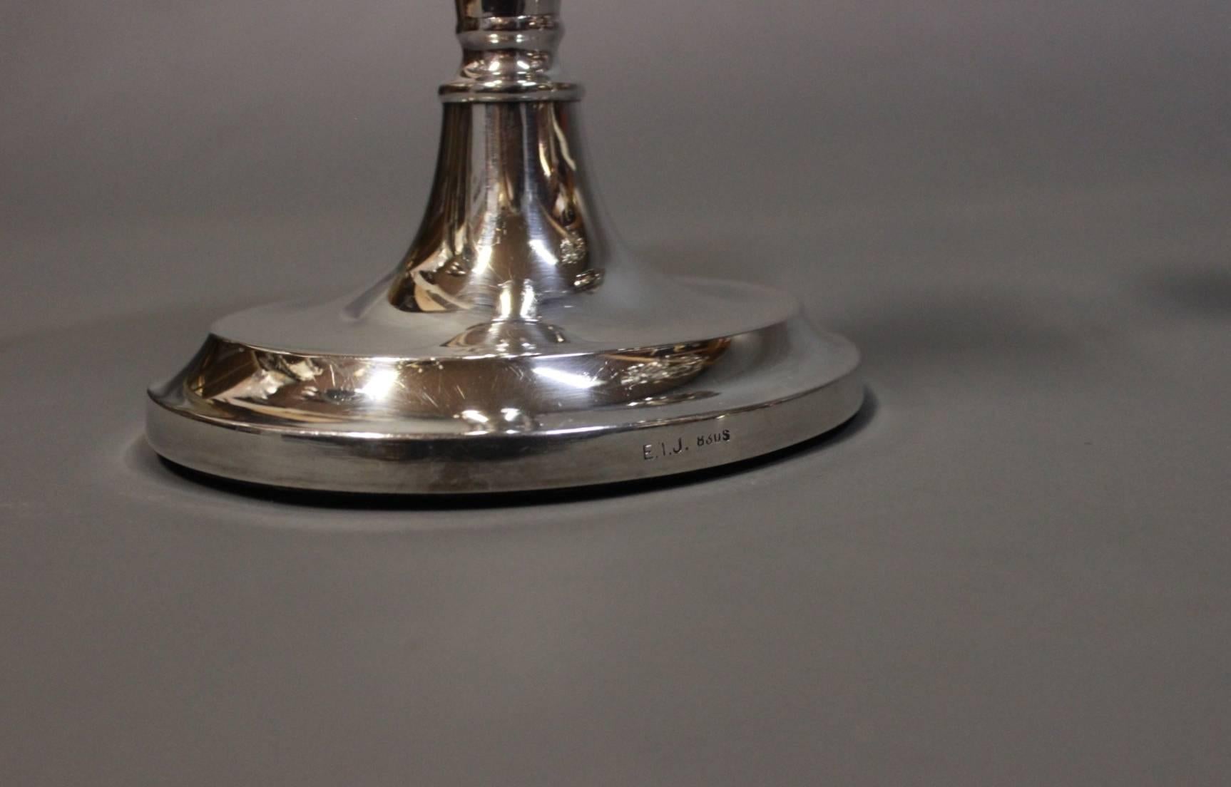20th Century Set of Three-Armed Candlesticks in 830 Silver, with Green Felt at the Bottom