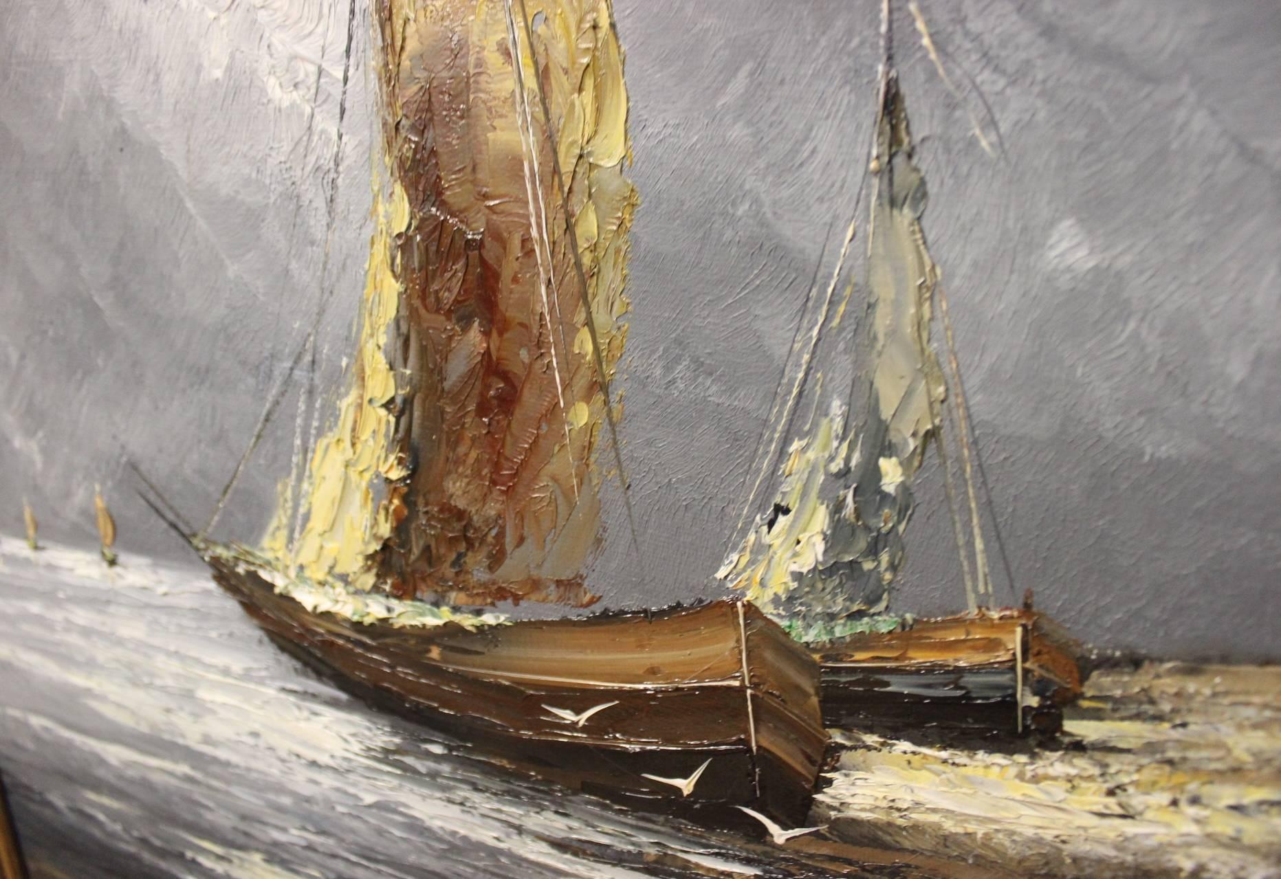 Oil painting on canvas of ships out at sea with a dark wooden frame signed Belfort. The painting is from around the 1950s.