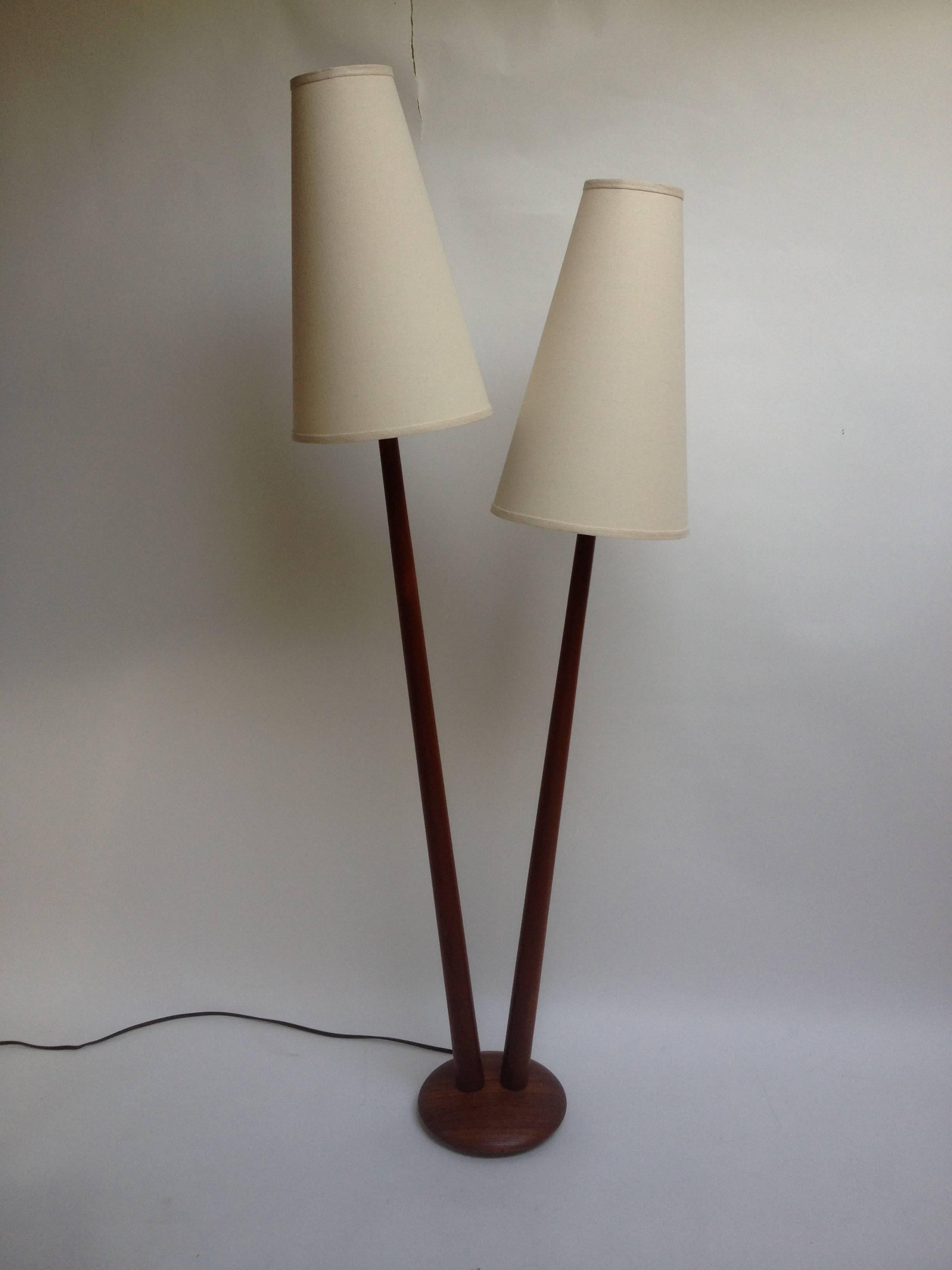 Rare Mid-Century Modern Danish Two Headed Teak Floor Lamp  In Excellent Condition In Victoria, British Columbia