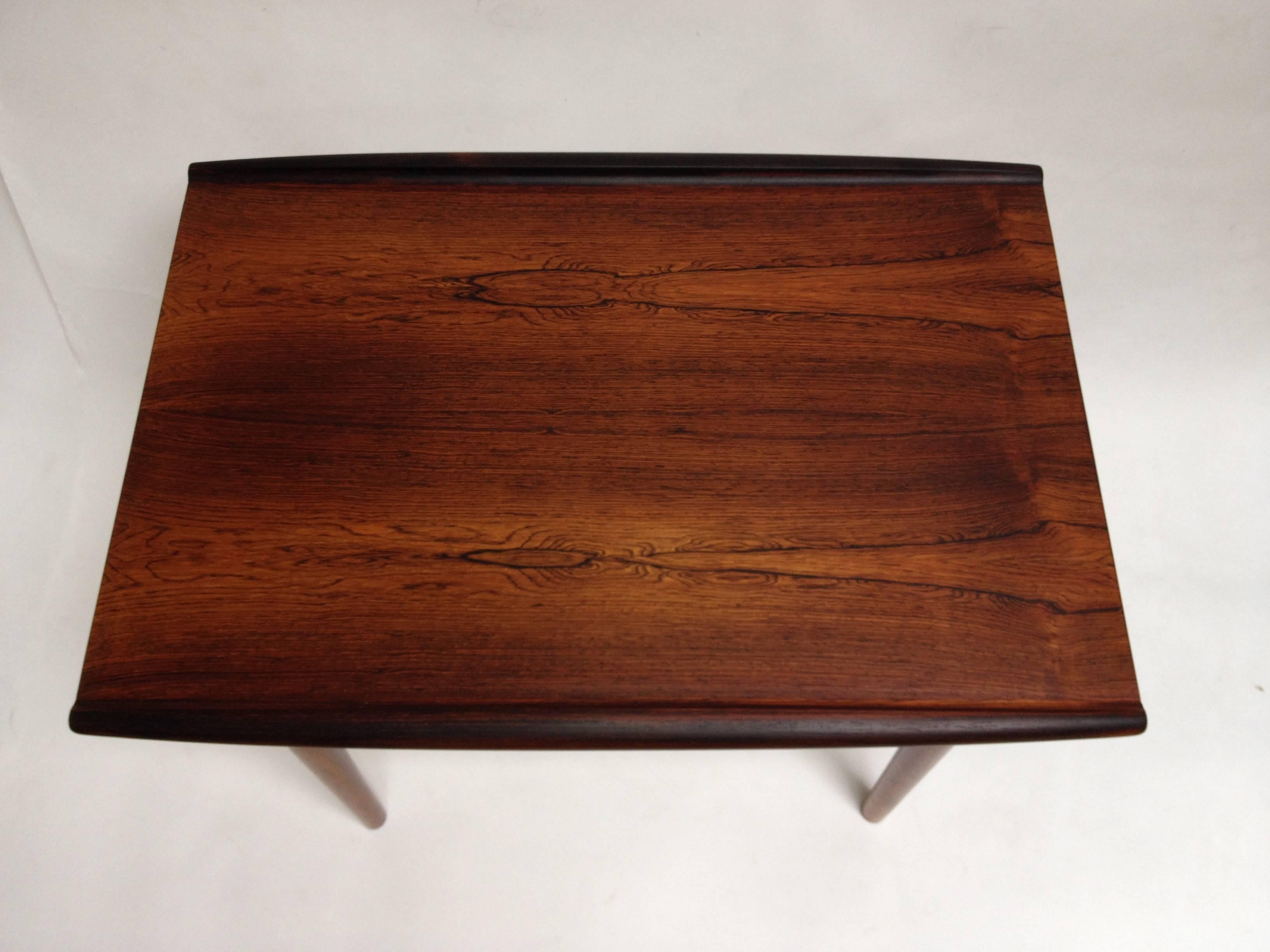 Stunning 1960's Rosewood Occasional/End table designed by Grete Jalk for Glostrup - Made in Denmark - amazing grain pattern throughout. Maker's label still intact -you can also see Grete Jalk's signature brass fastener detail. this beauty is in very