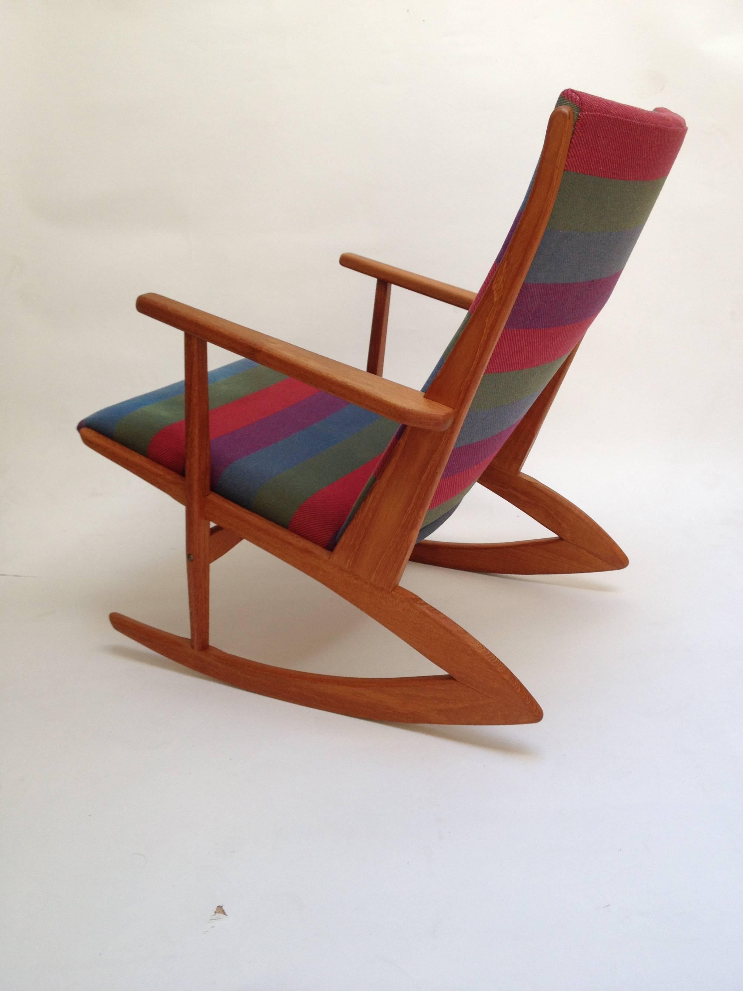 Fabric 1950s Danish Rocking Chair by Designer Soren Jensen, Boomerang