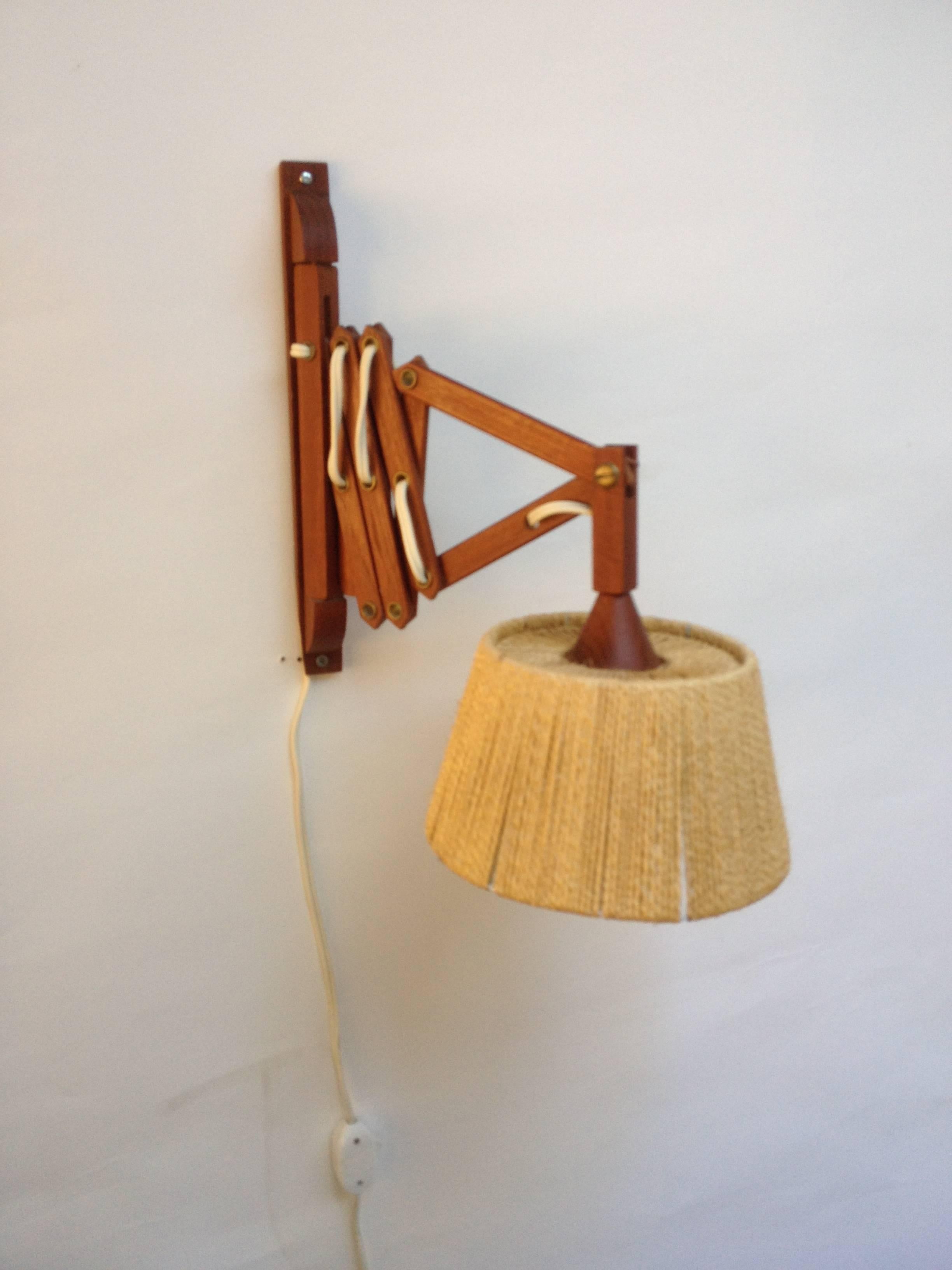 Gorgeous Danish Mid-Century Extendable Teak and Jute Wall Light 1