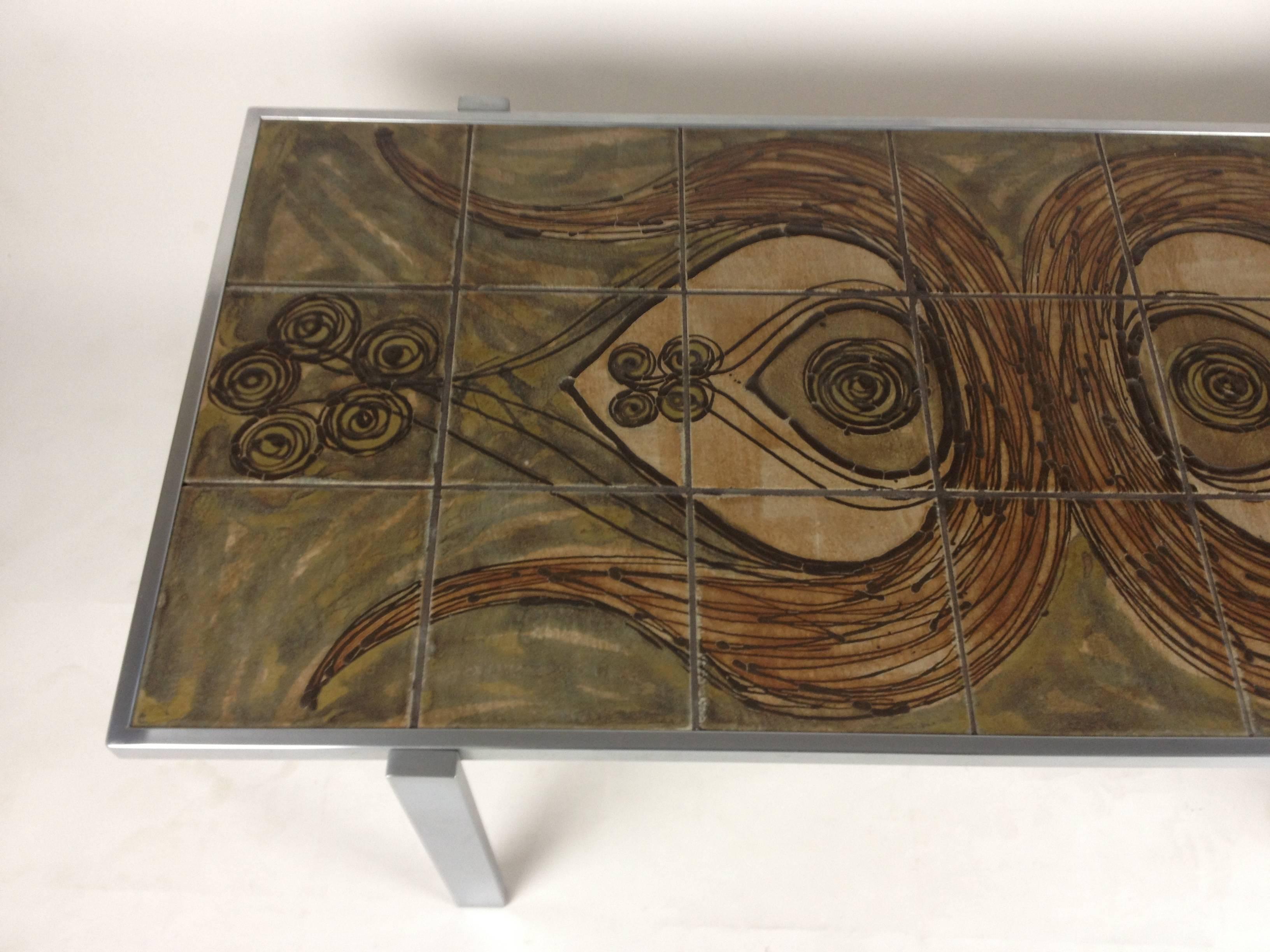 Late 20th Century Incredible Rare Danish Modern Ox Art Tile & Metal Coffee Table, Dyrlund, Signed For Sale