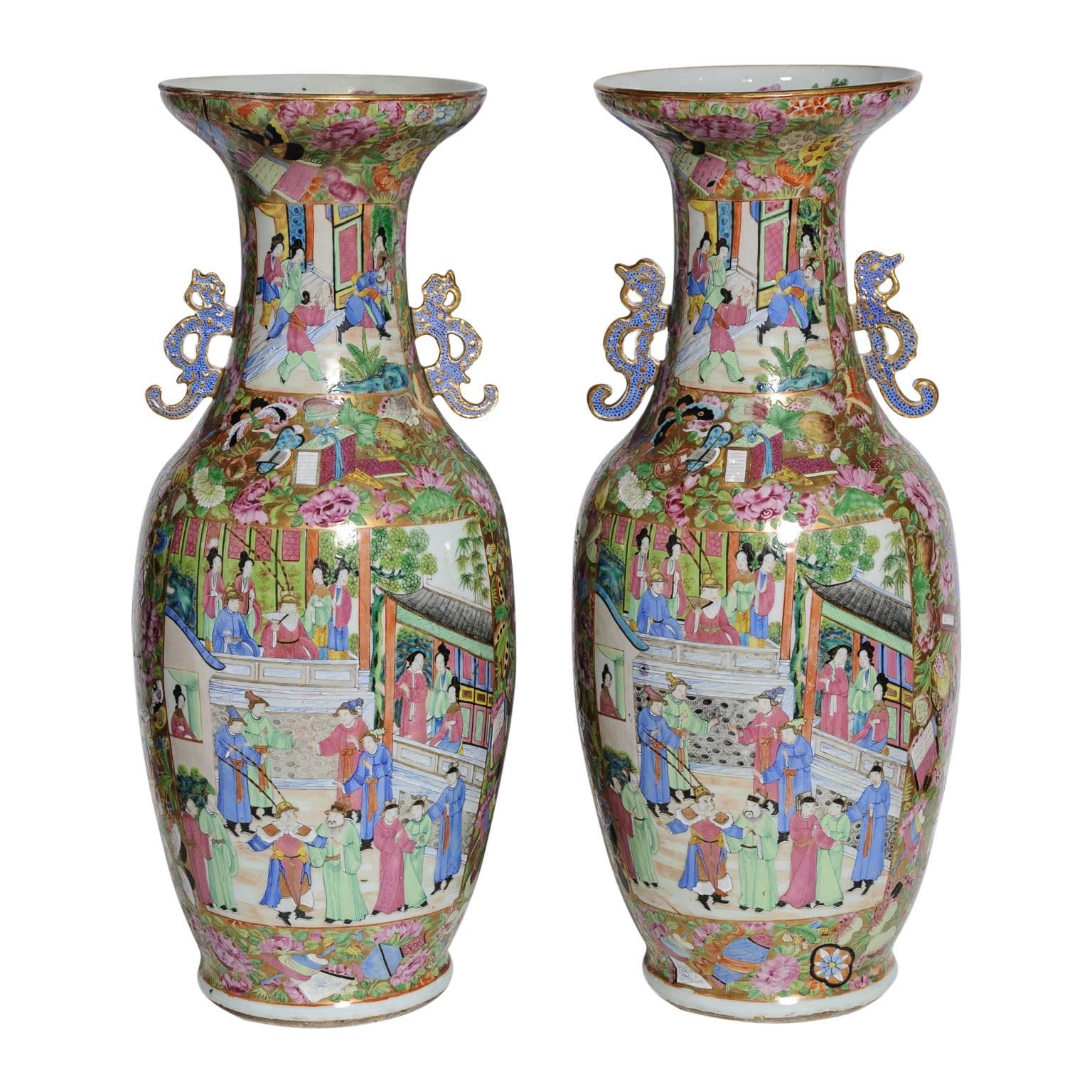 Pair of Imposing Canton Famille Rose Vases with Unusual Turquoise Handles