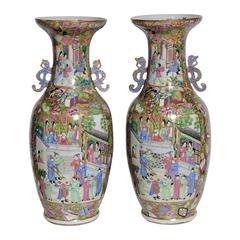 Pair of Imposing Canton Famille Rose Vases with Unusual Turquoise Handles