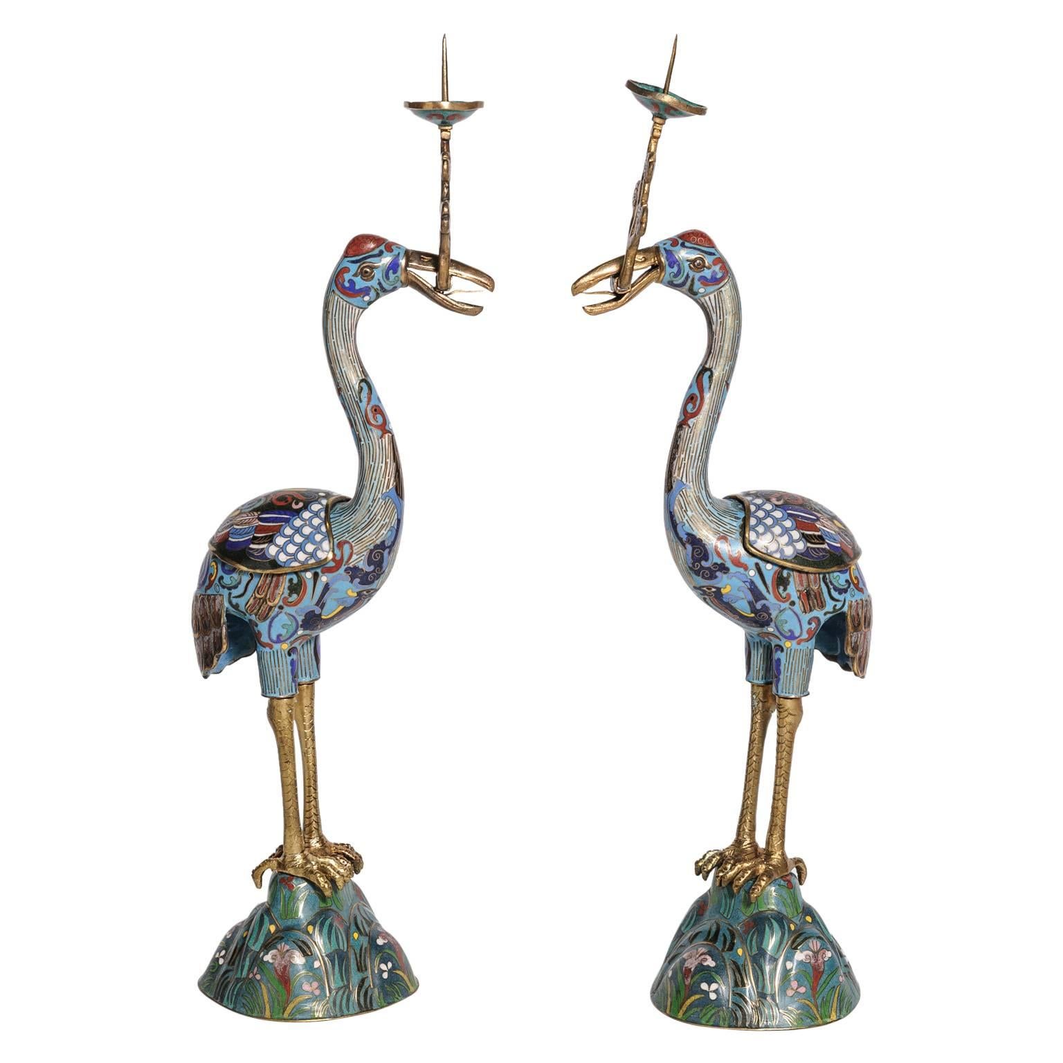 Pair of Cloisonné "Crane" Motif Prickets