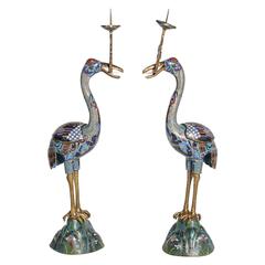 Pair of Cloisonné "Crane" Motif Prickets