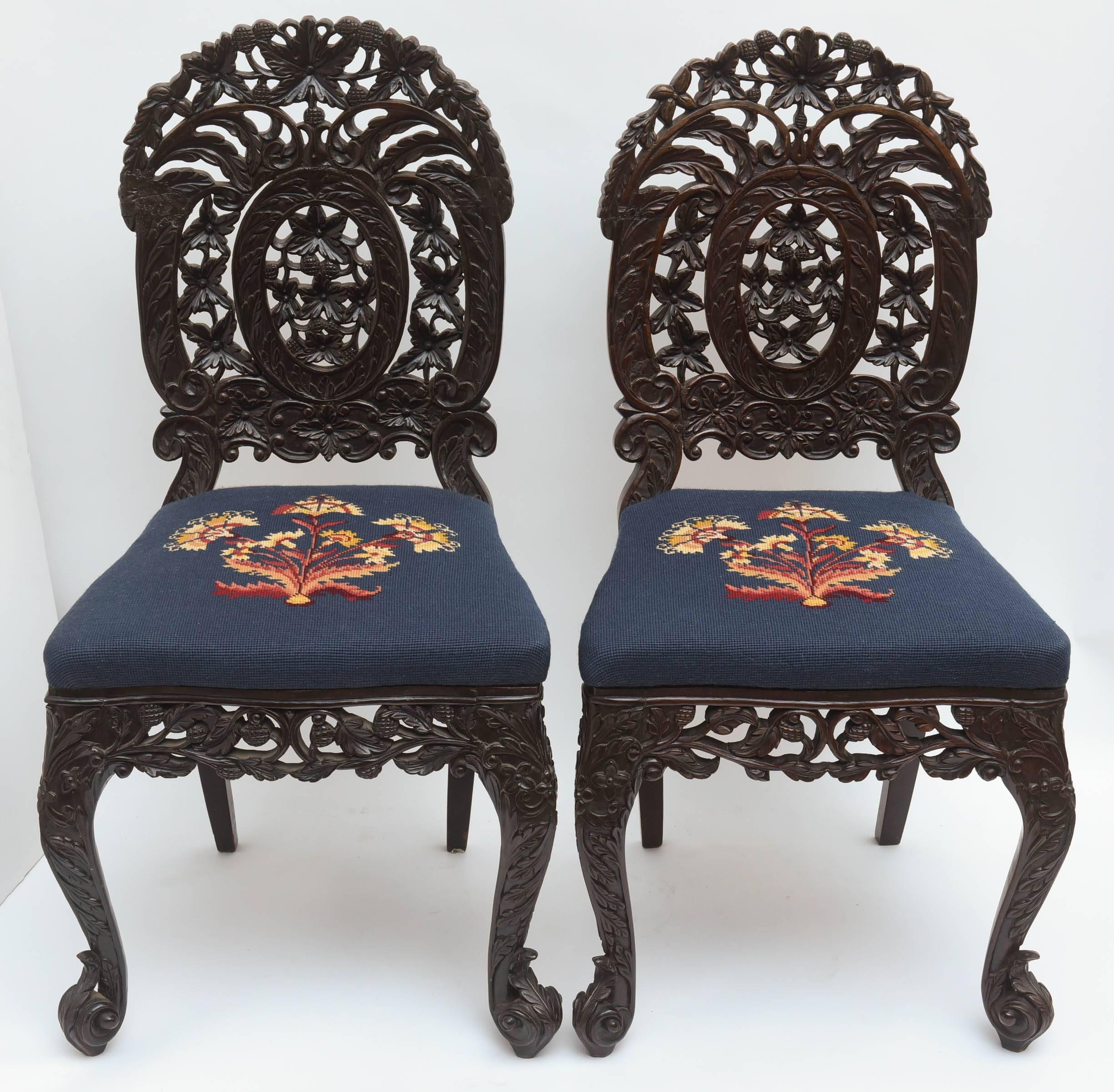 Hand-Carved Superb Pair of  19th Century Anglo-Indian Side Chairs