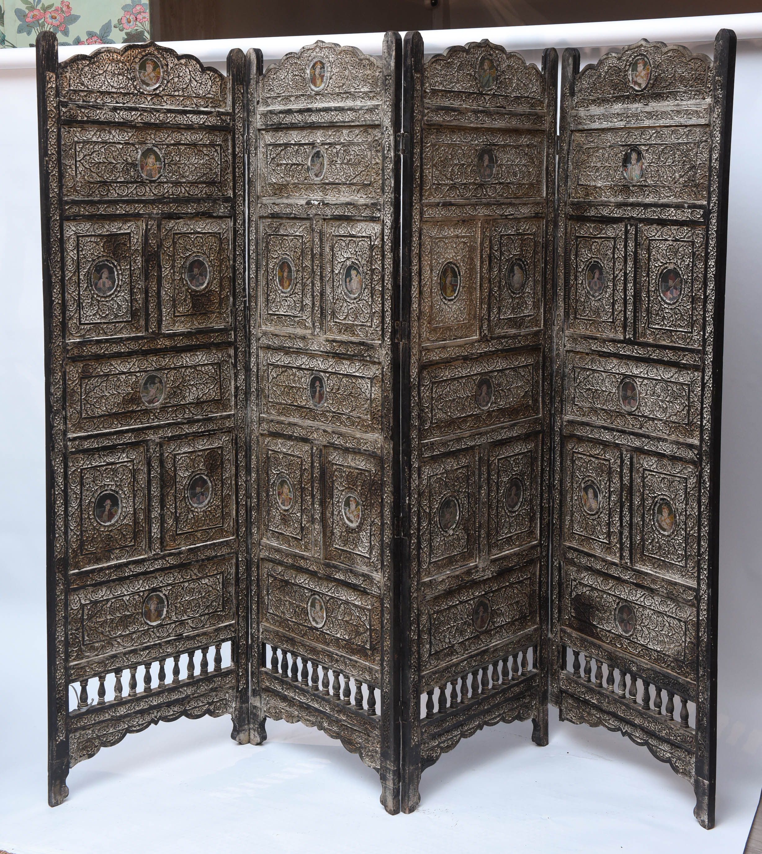 Outstanding Four-Panel Indian Mughal Inspired Portrait Screen