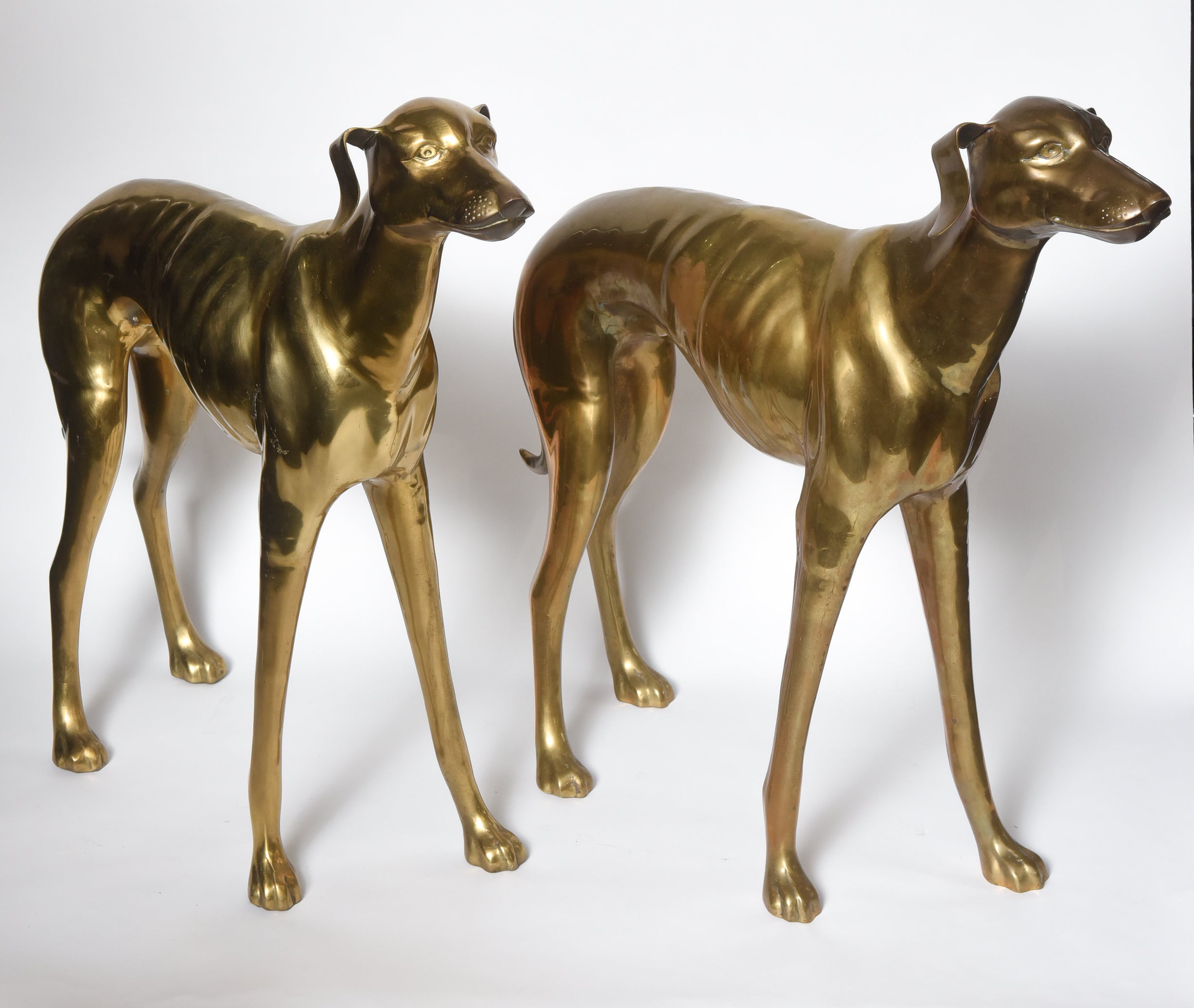 Pair of Midcentury Life-Size Brass Whippet Dogs