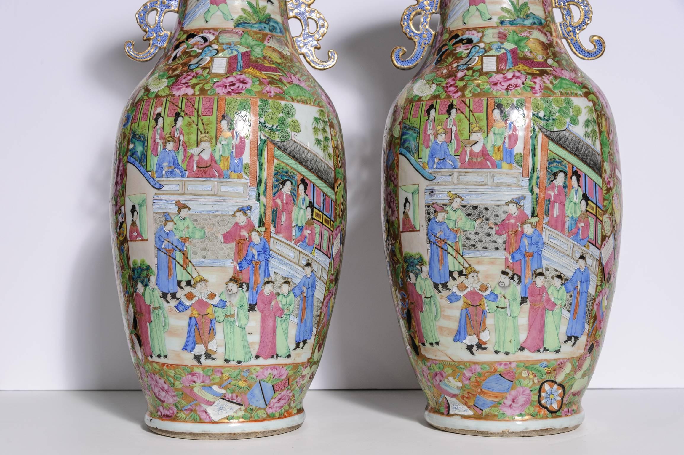 Chinese Pair of Imposing Canton Famille Rose Vases with Unusual Turquoise Handles