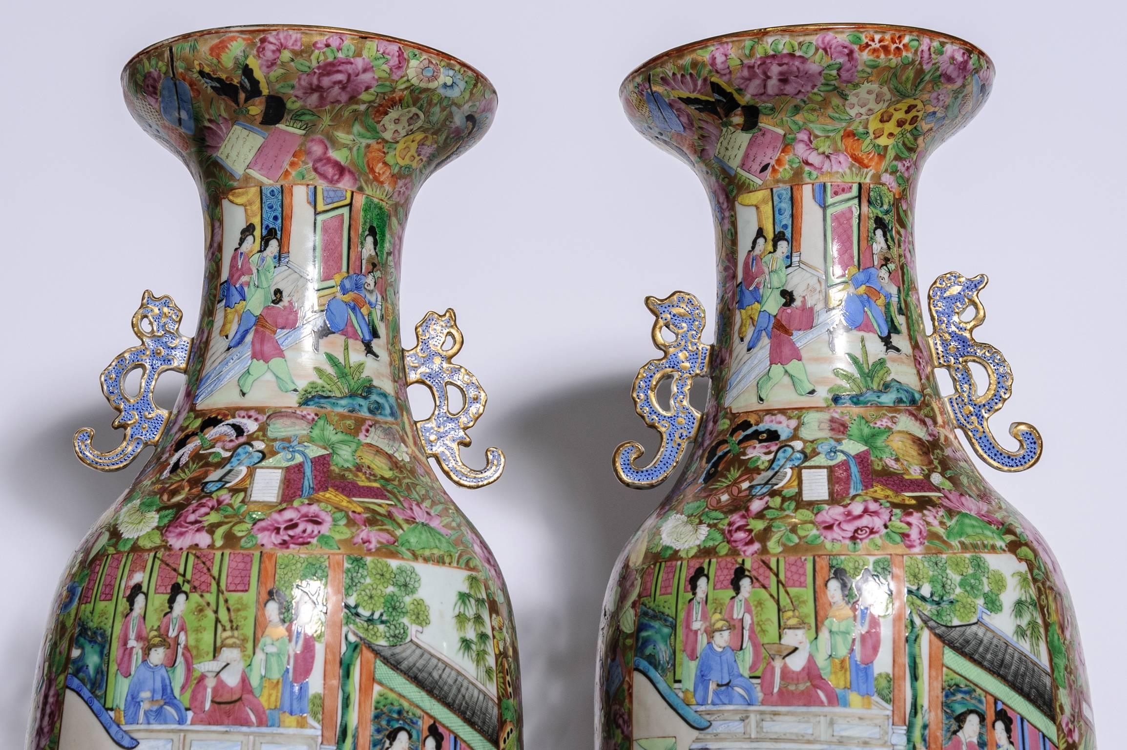 Pair of Imposing Canton Famille Rose Vases with Unusual Turquoise Handles In Good Condition In West Palm Beach, FL