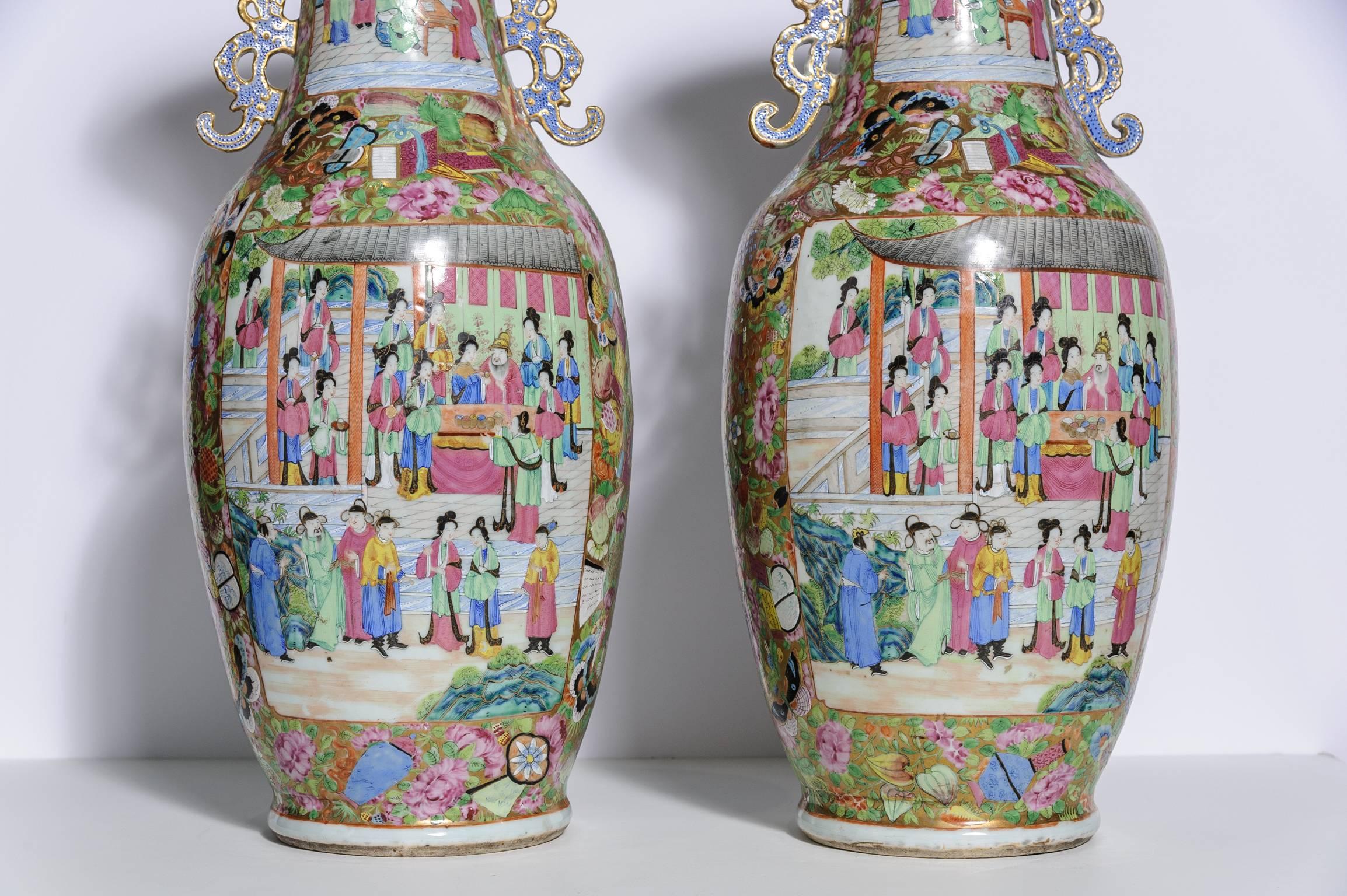 Porcelain Pair of Imposing Canton Famille Rose Vases with Unusual Turquoise Handles