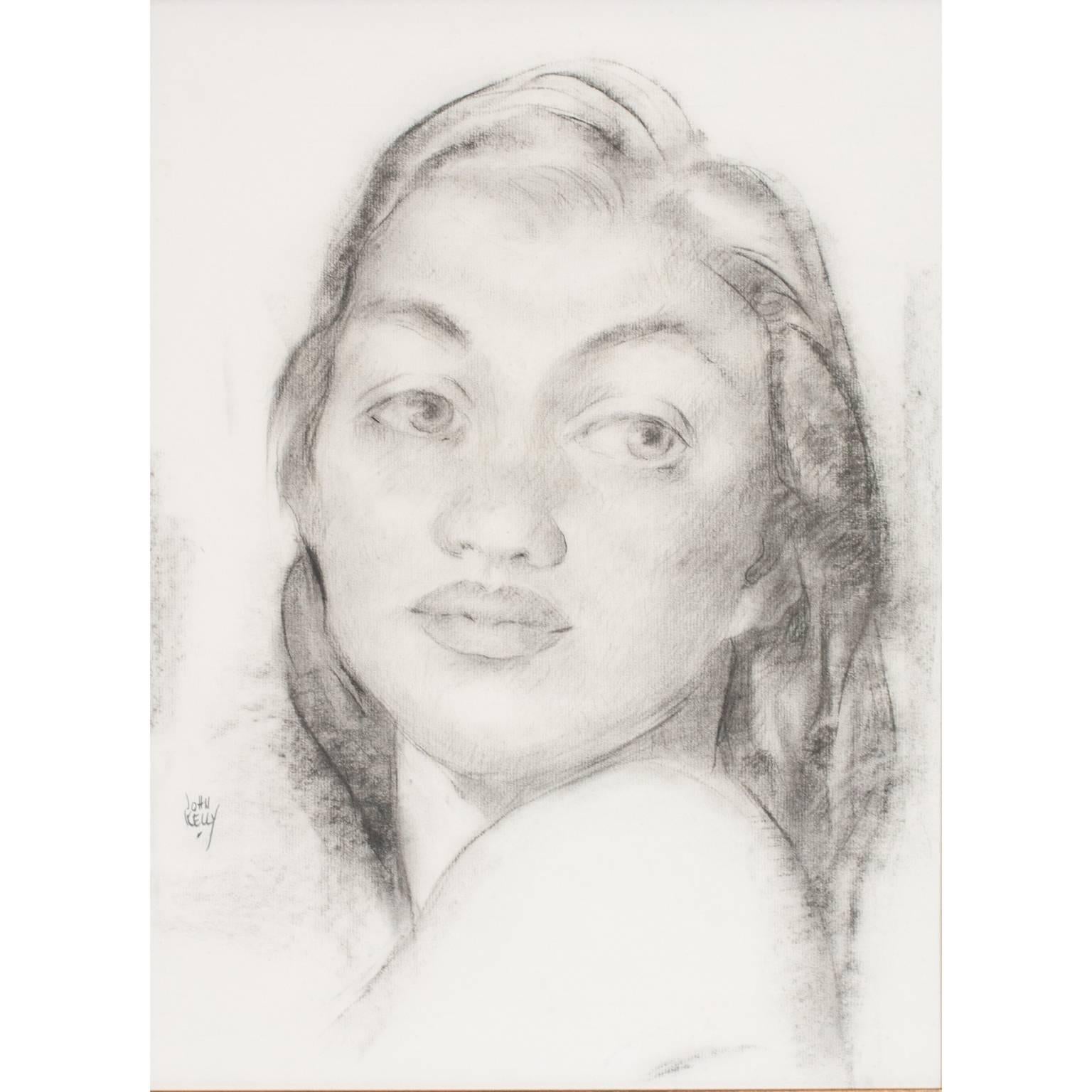 Original portrait done in charcoal on paper. Signed by the artist within the portrait.  This drawing was reproduced as the jacket cover for the 1943 book, Etchings and Drawings of Hawaiians.  The model was his own daughter-in-law, Marion.  It is