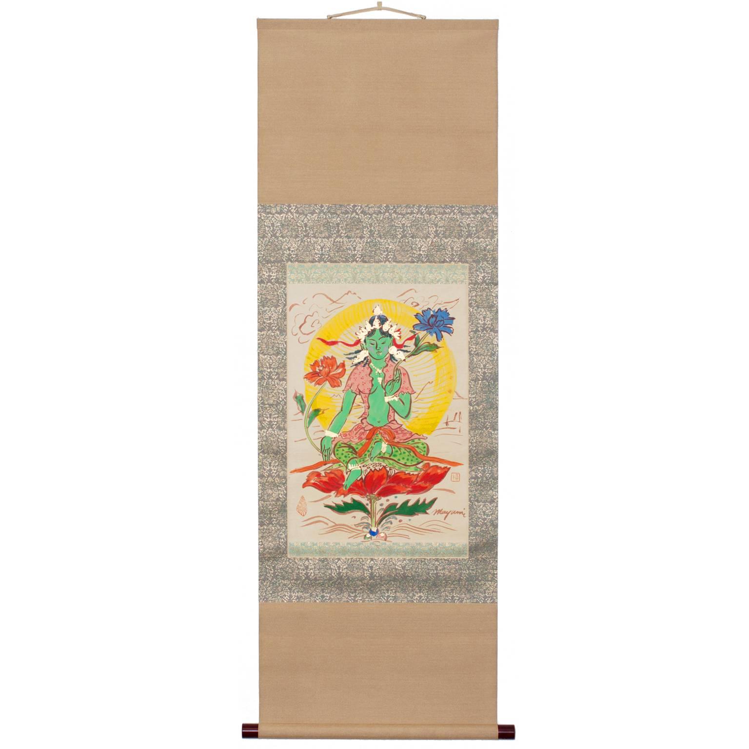 Original painting of Green Tara, the Bodhisattva of action and enlightened activity.  Painted with traditional pigments on handmade Udagami washi paper from Nara, mounted as a scroll in Nara by Shosaku Yoshimura using traditional Japanese materials