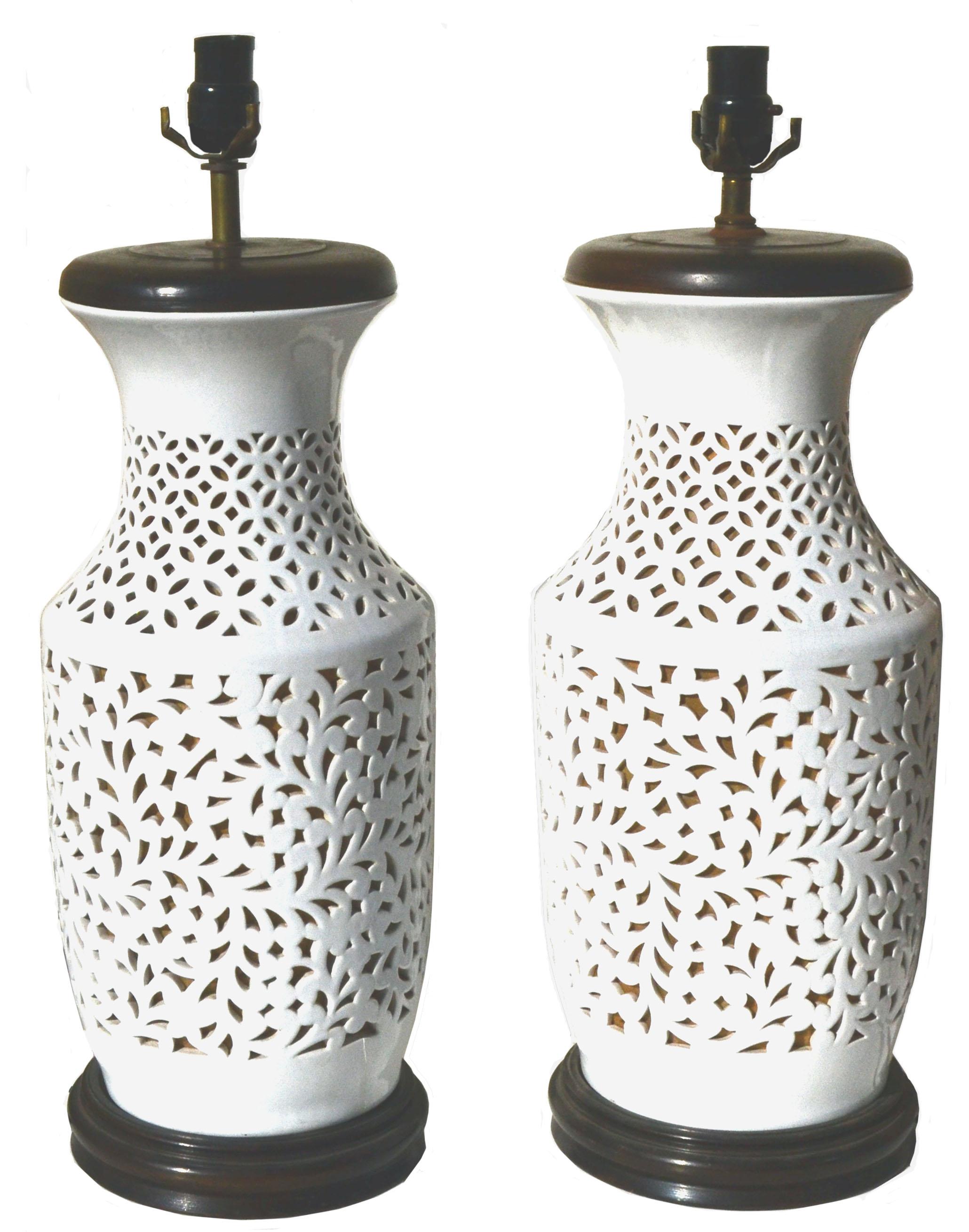 Hollywood Regency Pair of Large Pierced Porcelain Blanc de Chine Table Lamps