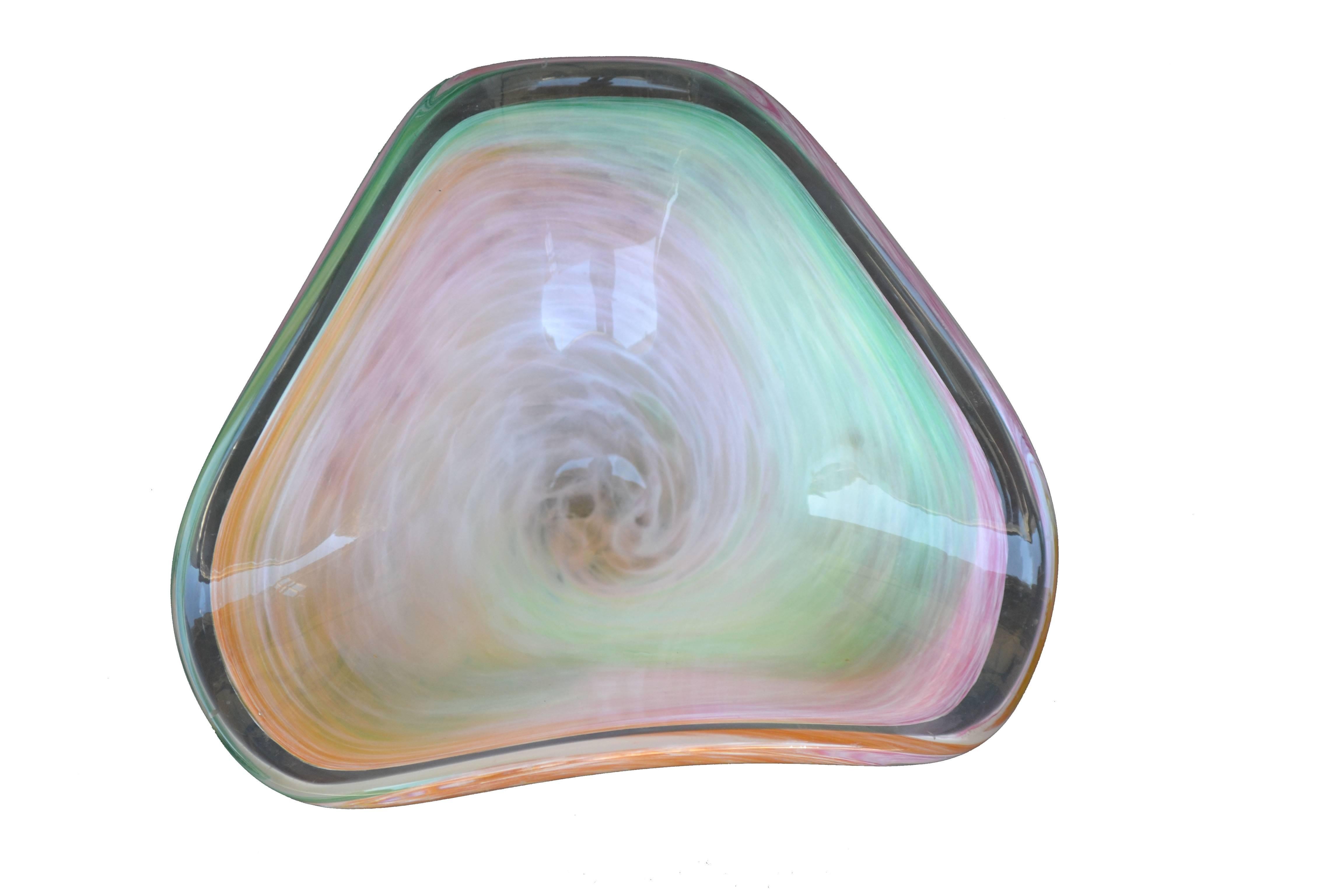 Gorgeous pastel colored pink, green, and orange Murano blown glass triangle bowl. Measures: 5