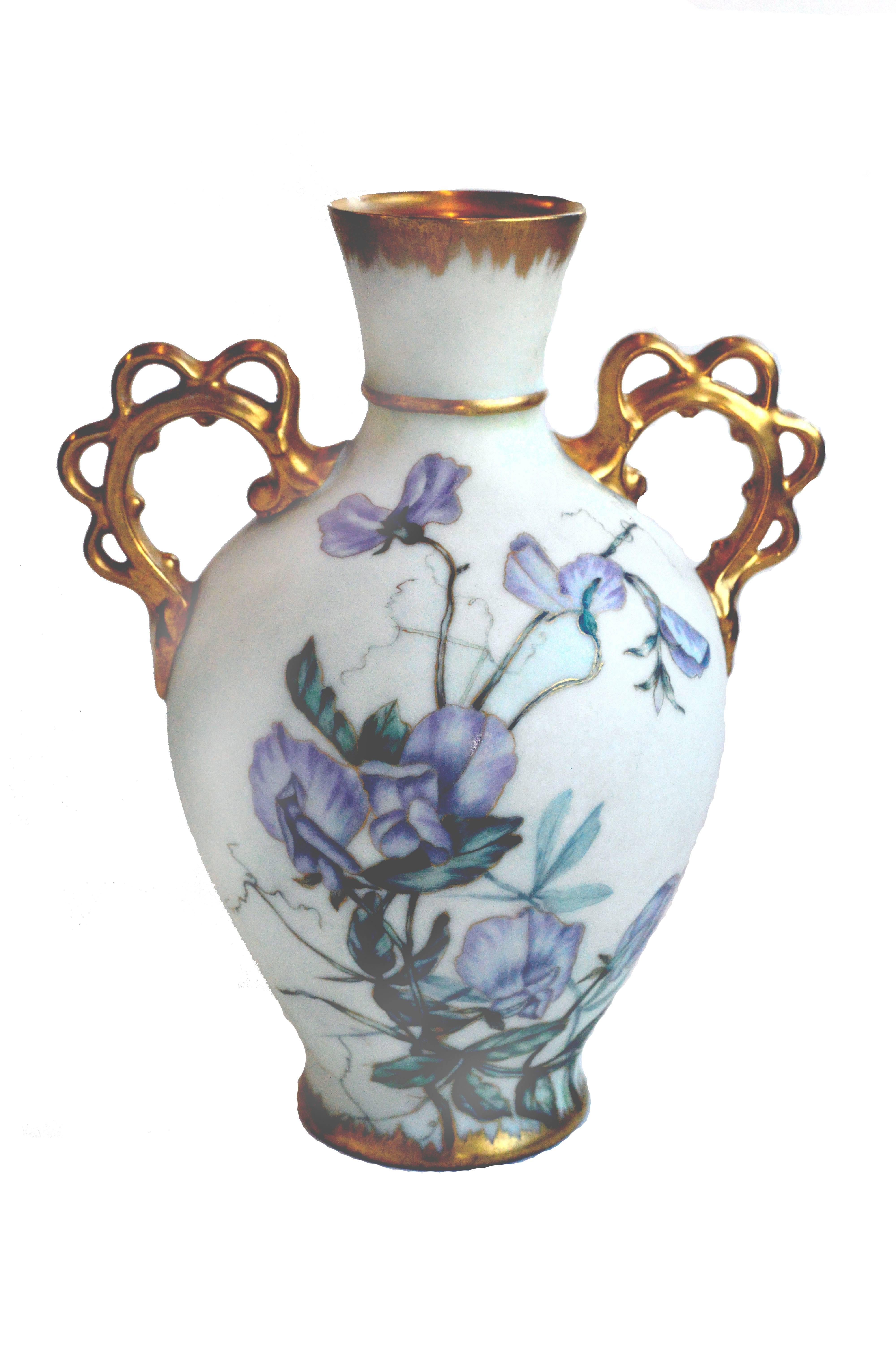 American amateur painting on French Limoges vase, circa 1897. Real French Limoges is a porcelain item manufactured in Limoges, France. Remy Delinieres took over the operation of an existing company and founded R. Delinieres & Co. in 1879.