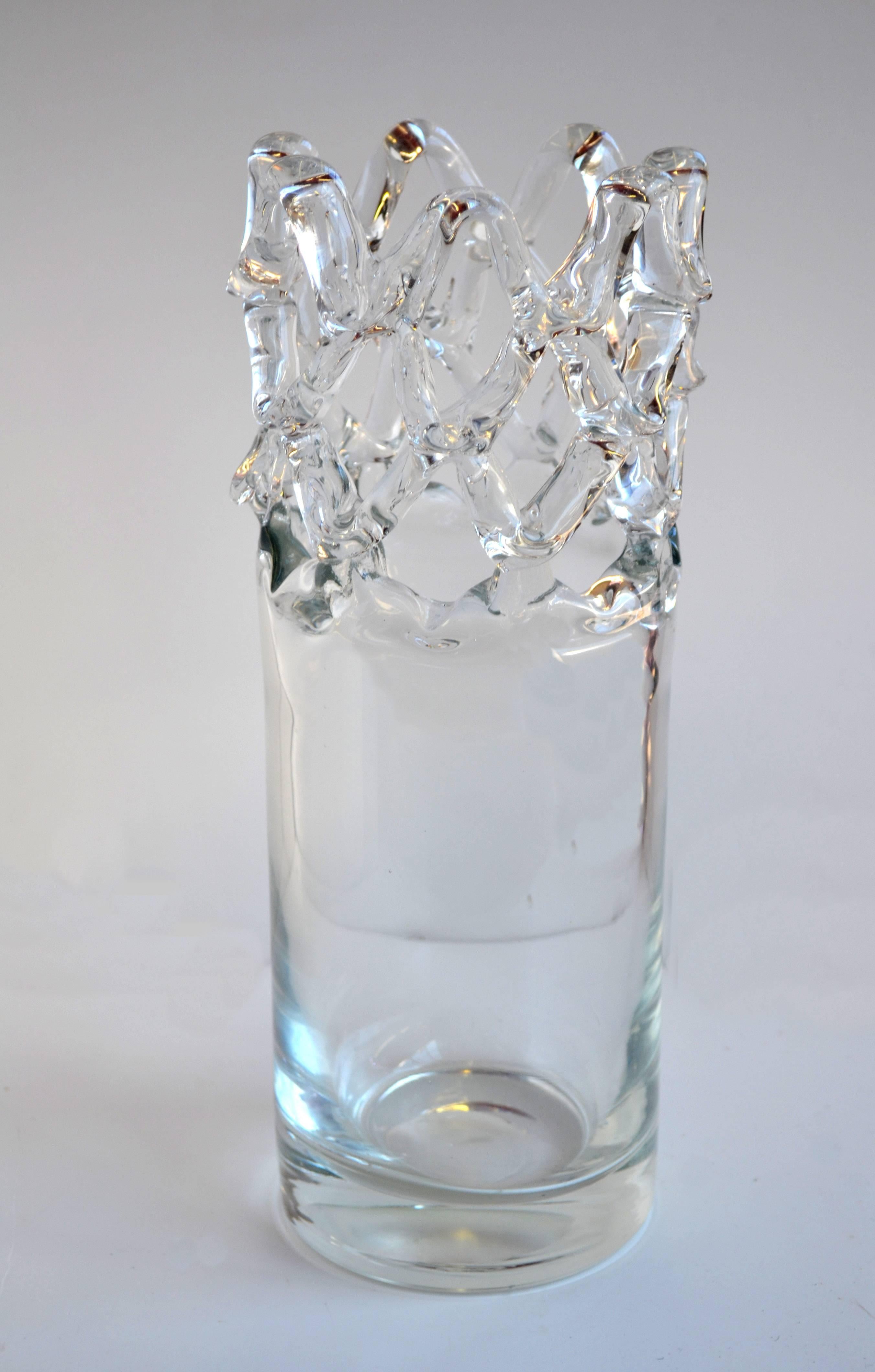 Unique modern handblown crystal vase with open weave top. This would go well in residential or commercial setting with tall dramatic stemmed flowers such as calla lilies or gladiolas. Condition: Excellent with two inclusions on side. Measures: