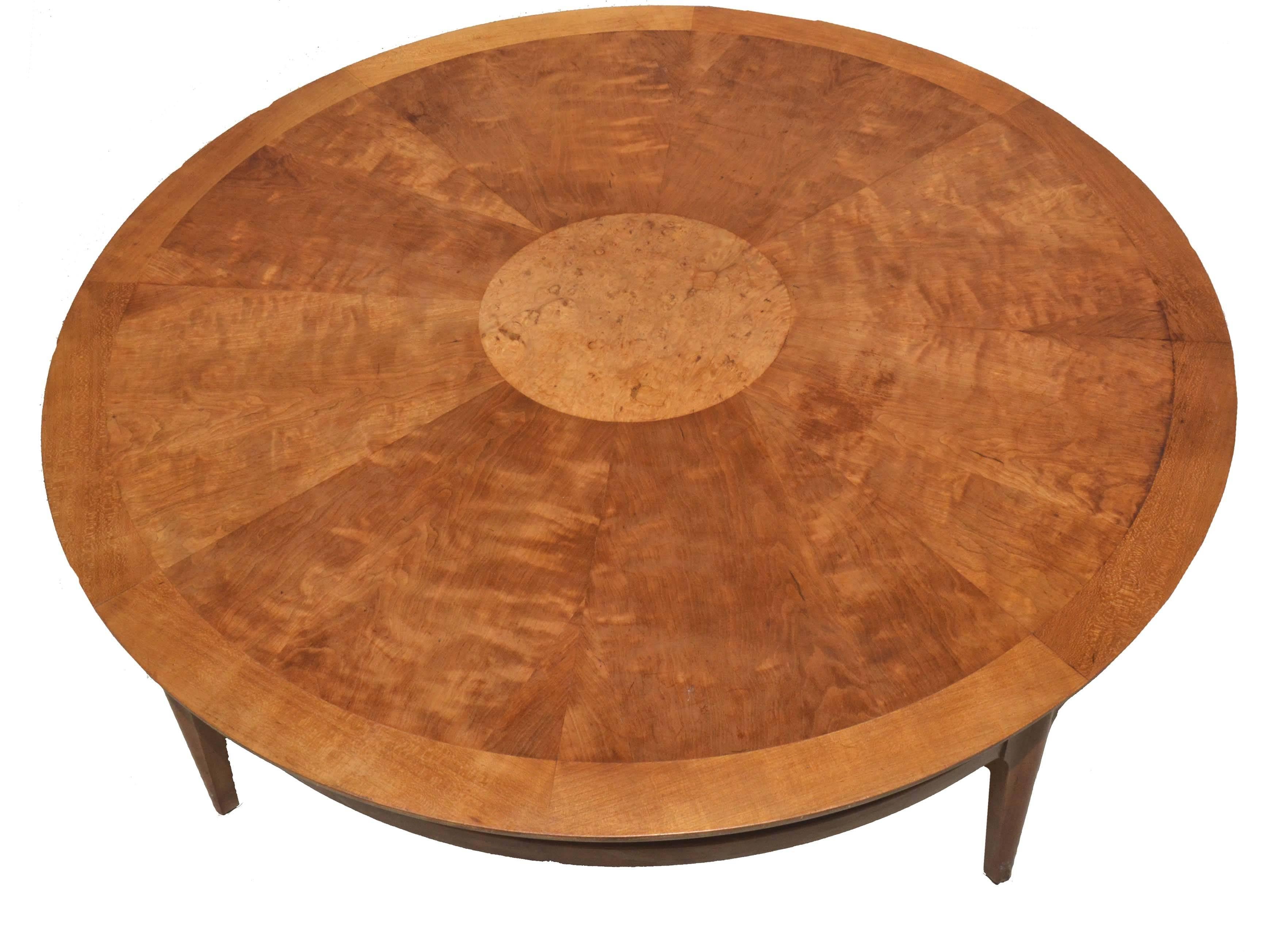 Mid-Century lane cocktail/coffee table with beautiful walnut and burl inlays. Serial number on verso. Condition: Very good; one small 1.50" abrasion to wood (see photo). Measurements: H: 14.75" x W: 38" x D: 38".
   