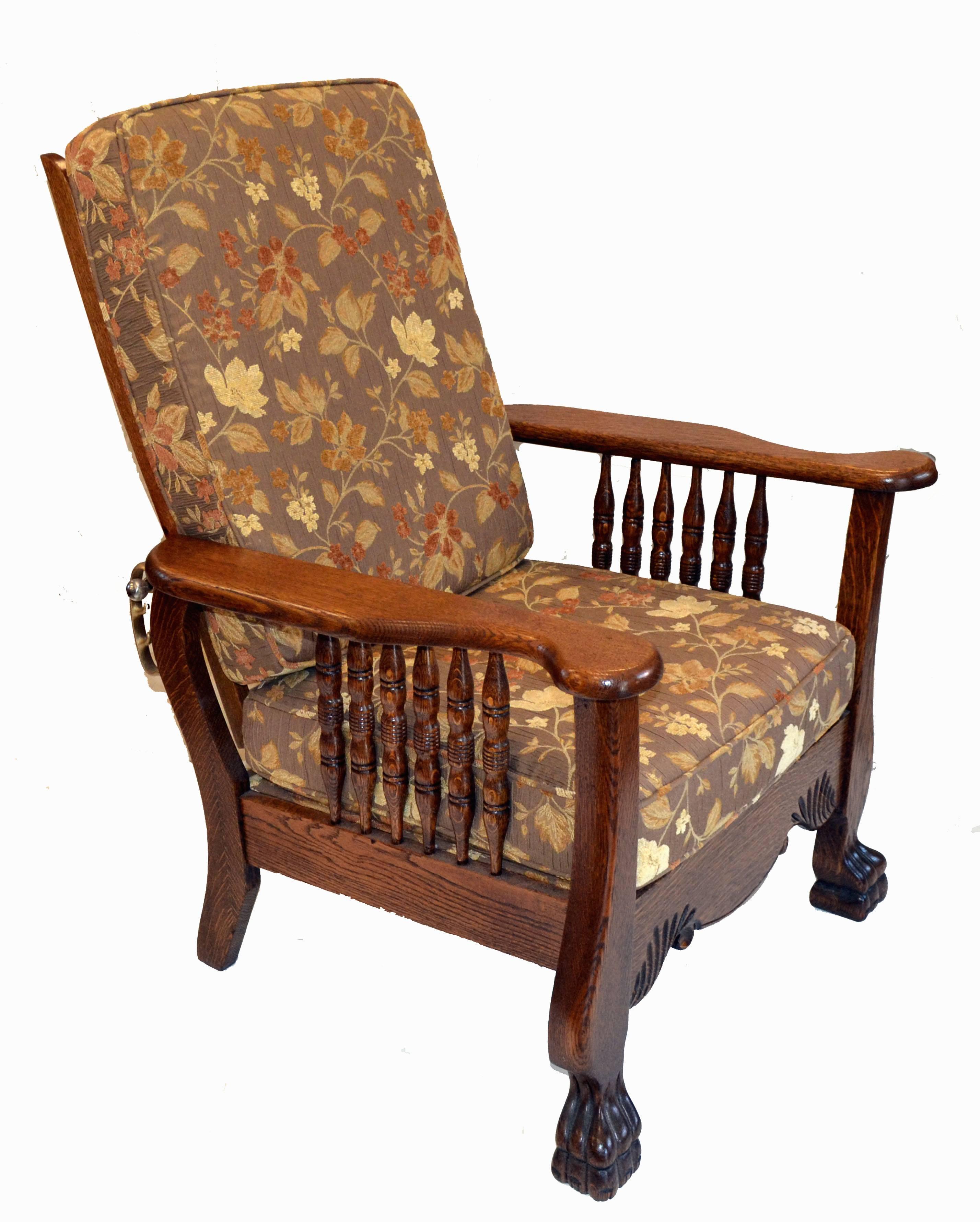 Fine solid oak, 1900-1915 Morris chair push button recliner. Auto adjustment with just the push of a button. Perfectly restored and recover with the highest quality fabrics. Size: 37