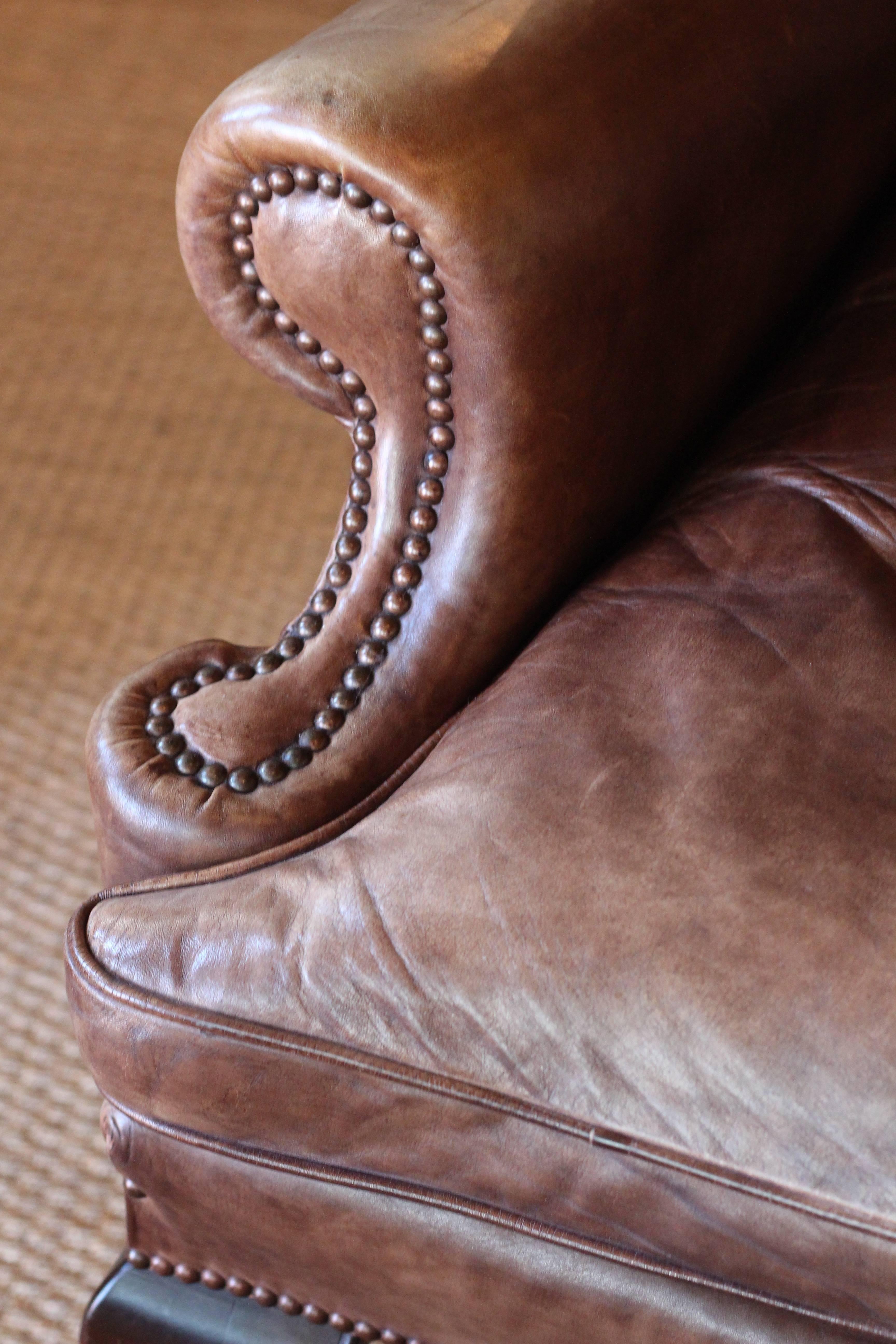Early 20th Century English Leather Wing Chair For Sale 1
