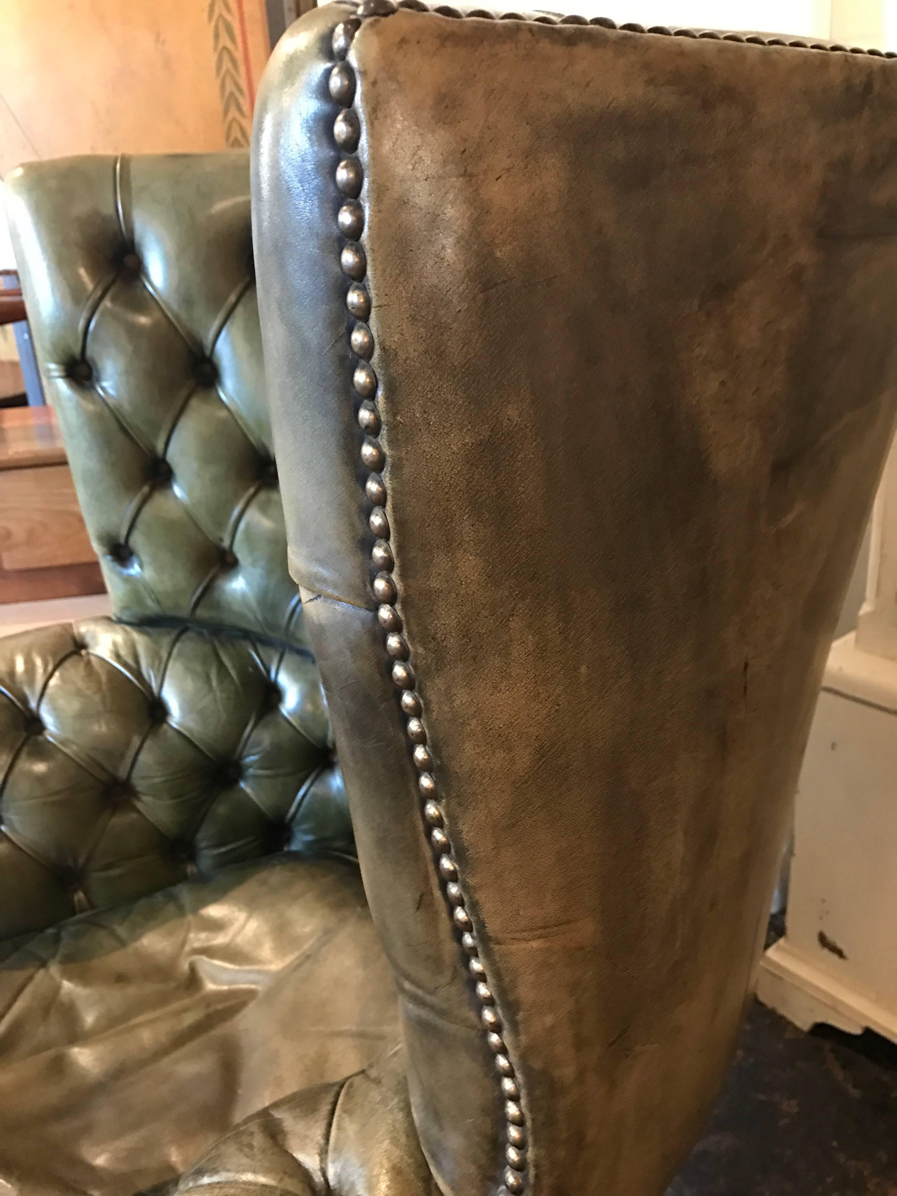 Mid-20th Century English Leather Barrel Wing Chair In Excellent Condition In Birmingham, AL