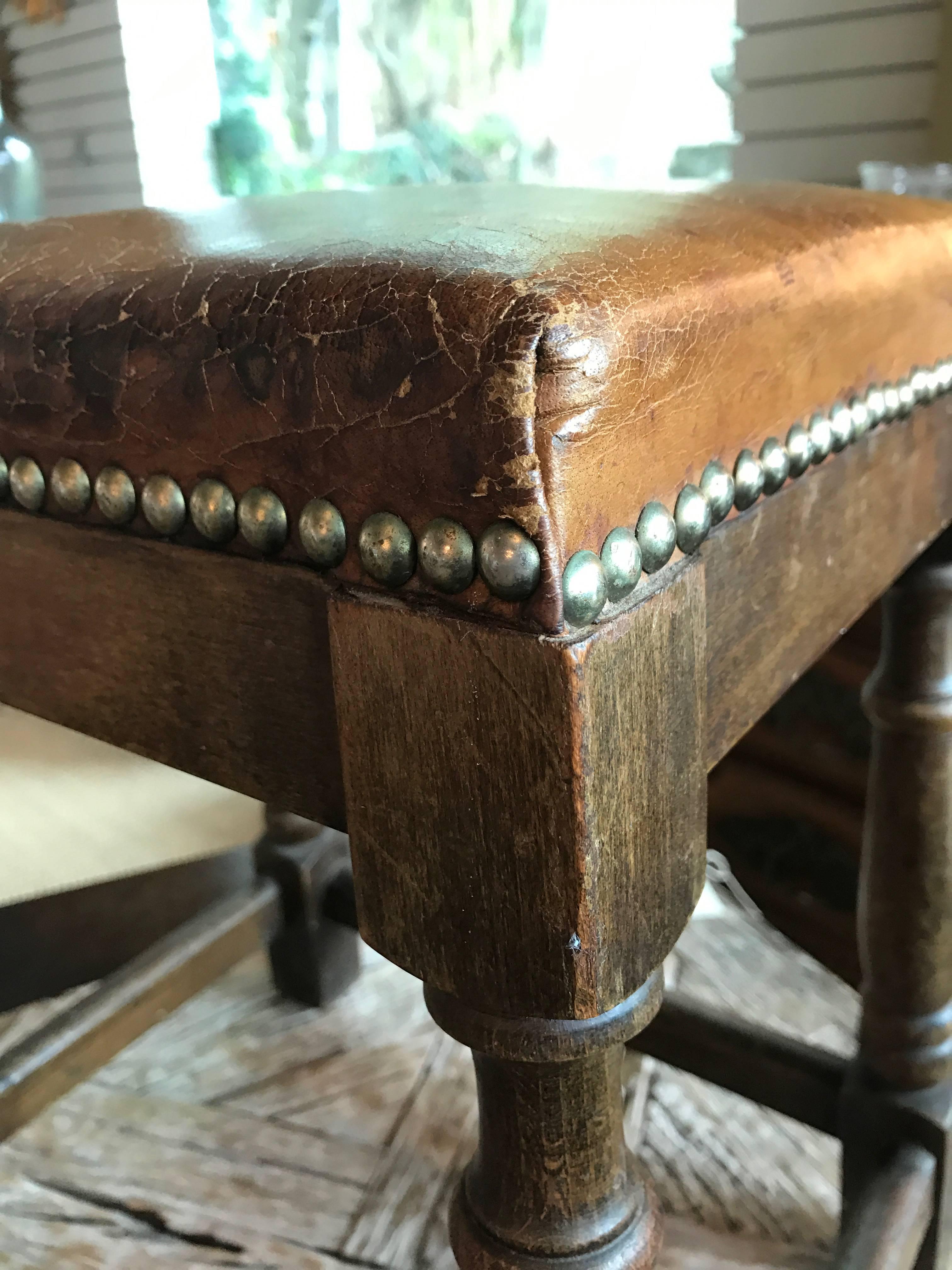 Country Pair of English Leather Top Low Stools