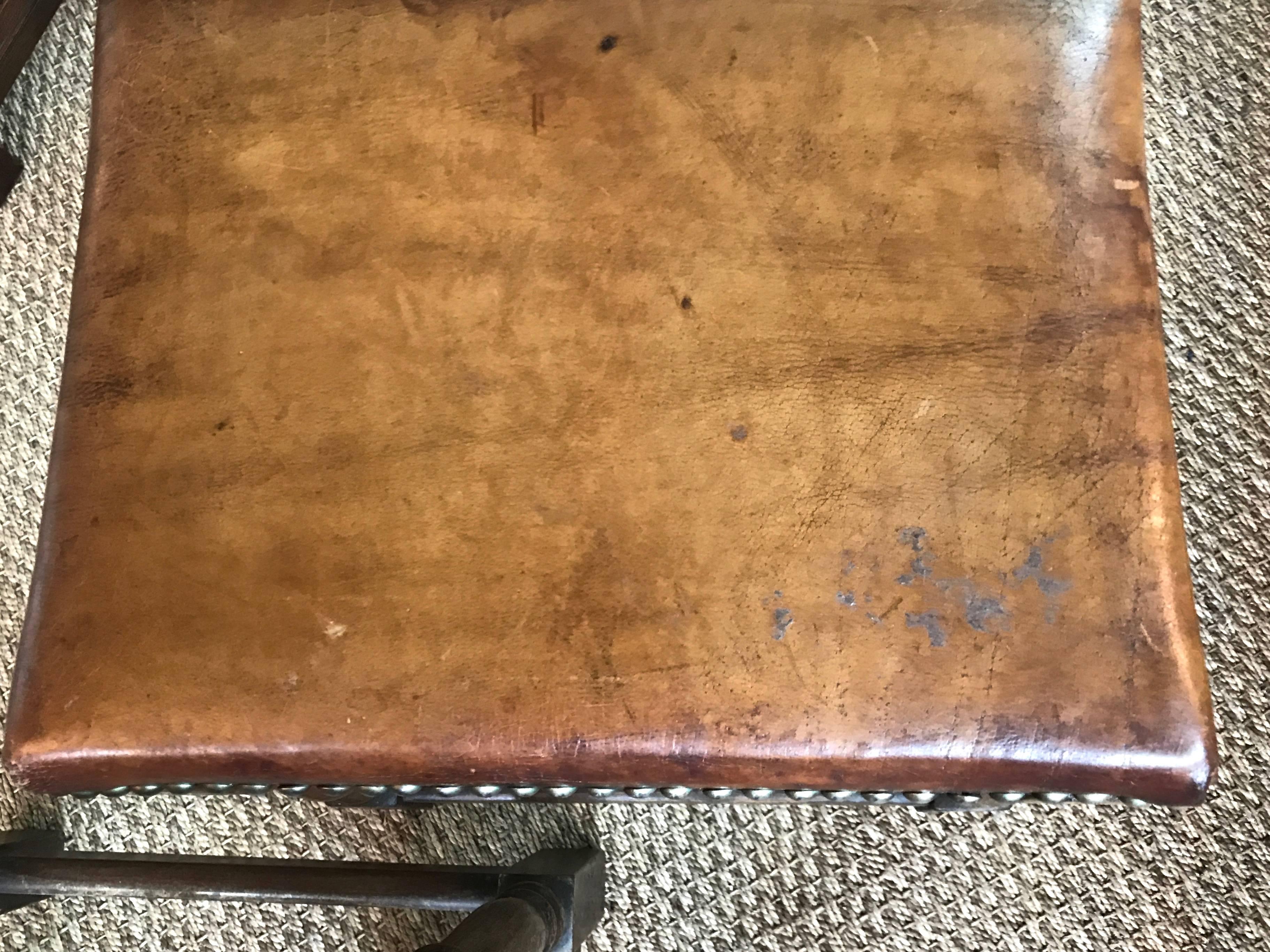 Pair of English Leather Top Low Stools In Excellent Condition In Birmingham, AL