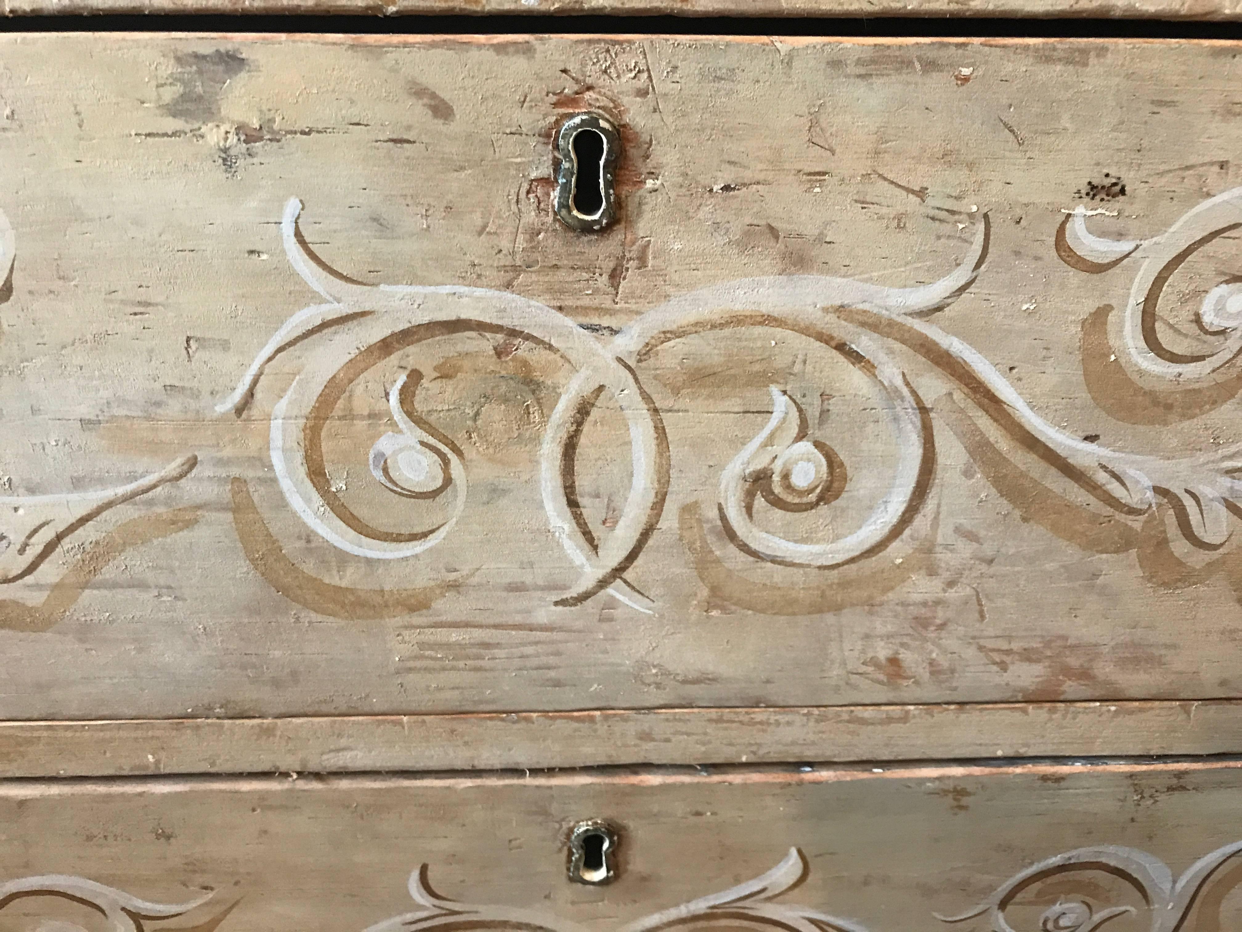 19th century English three-drawer chest with hand painting.