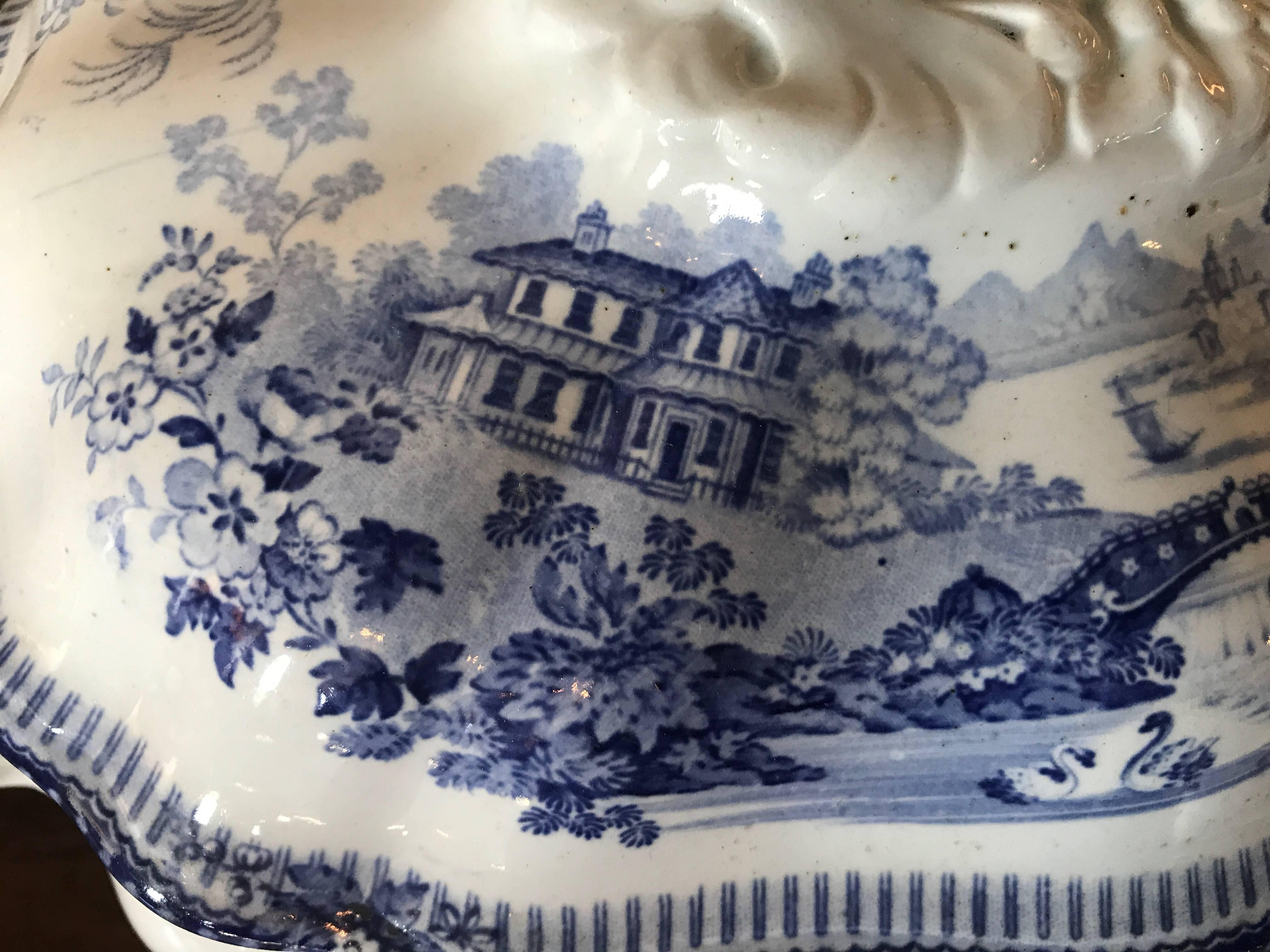 Country 19th Century English Blue and White Transferware Tureen For Sale