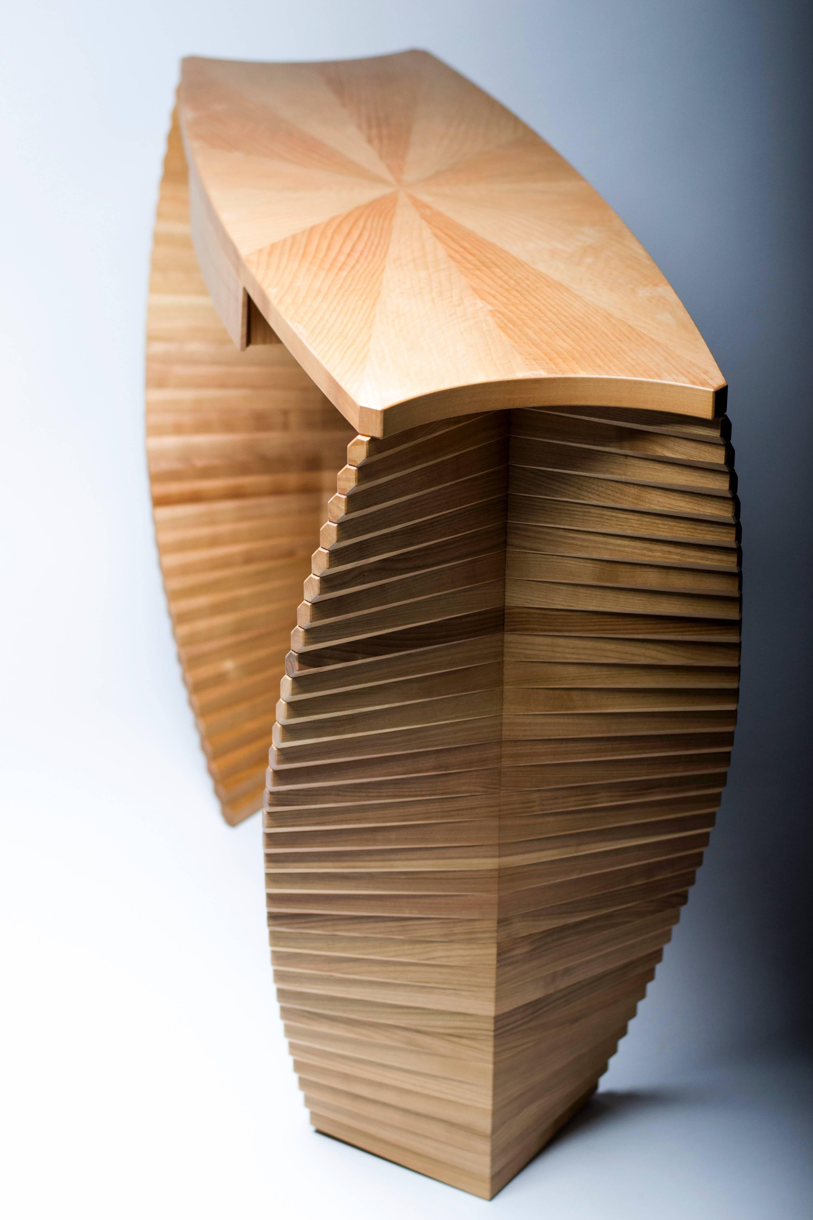 Jan Waterson. 
Title: Linear Ellipse.
Materials - English cherry, Cedar of Lebanon, English Ash.
Dimensions: 85 x 112 x 36 cm.

Linear Ellipse was conceived through exploring the concept of rotation. Straight components have been sculpted and