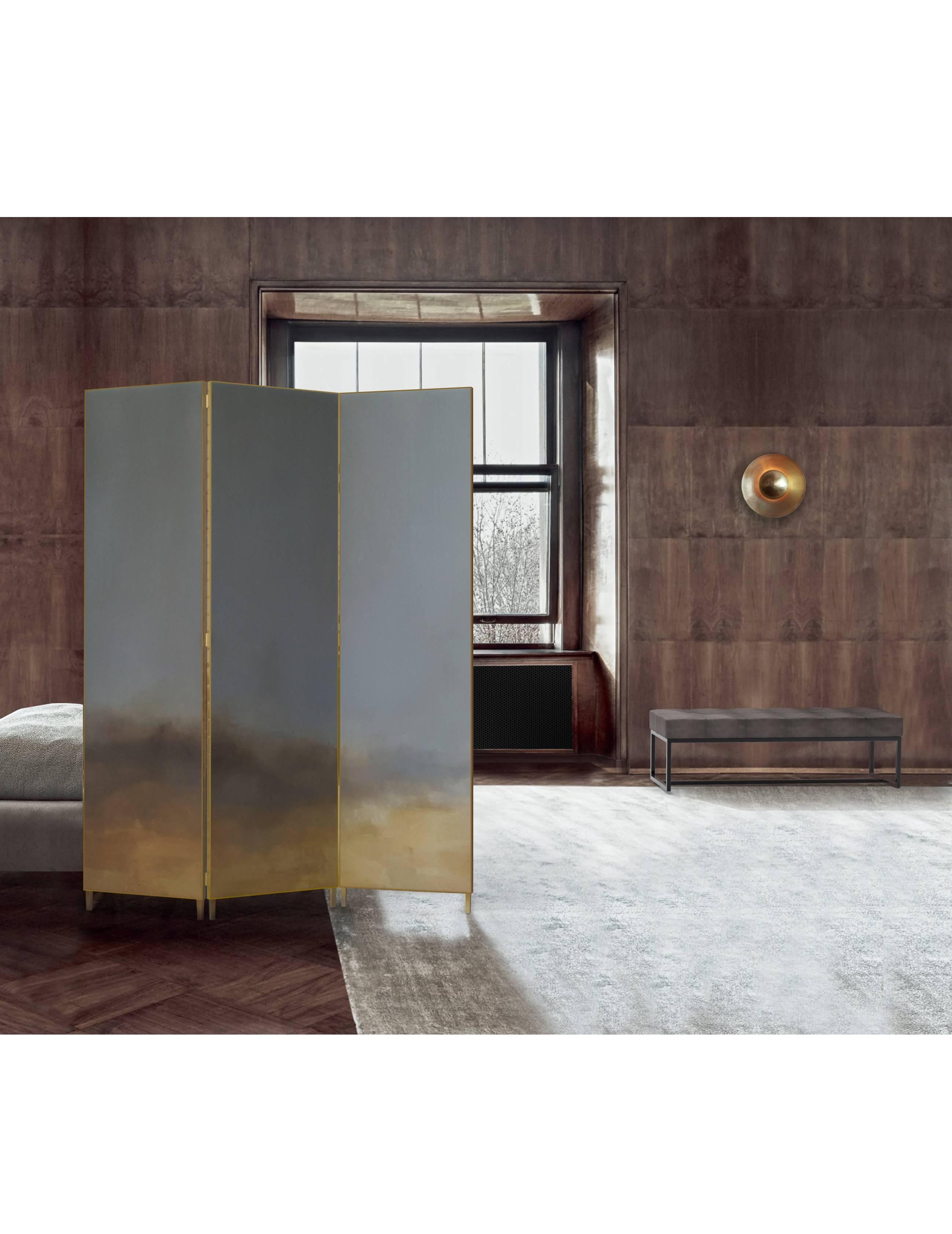 Hand-painted cloth in a full brass frame. It is delicate and beautiful solution to divide the space. Each screen is different and unusual because of the painting created by the artist. 
Full brass frame
Dimensions: 180 x 2.5 x 190cm
Each screen