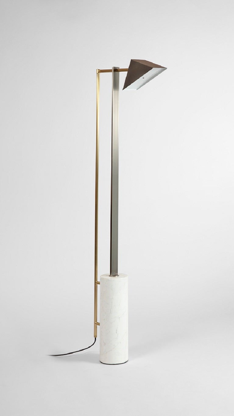 Marble and Wedge Floor Lamp by Square in Circle
Dimensions: D 40 x W 43.5 x H 147.2 cm
Materials: Brushed brass/ brushed grey metal/ white marble/ white frosted perspex
Other finishes available.

Our floor lamp is inspired by Bauhaus geometry and