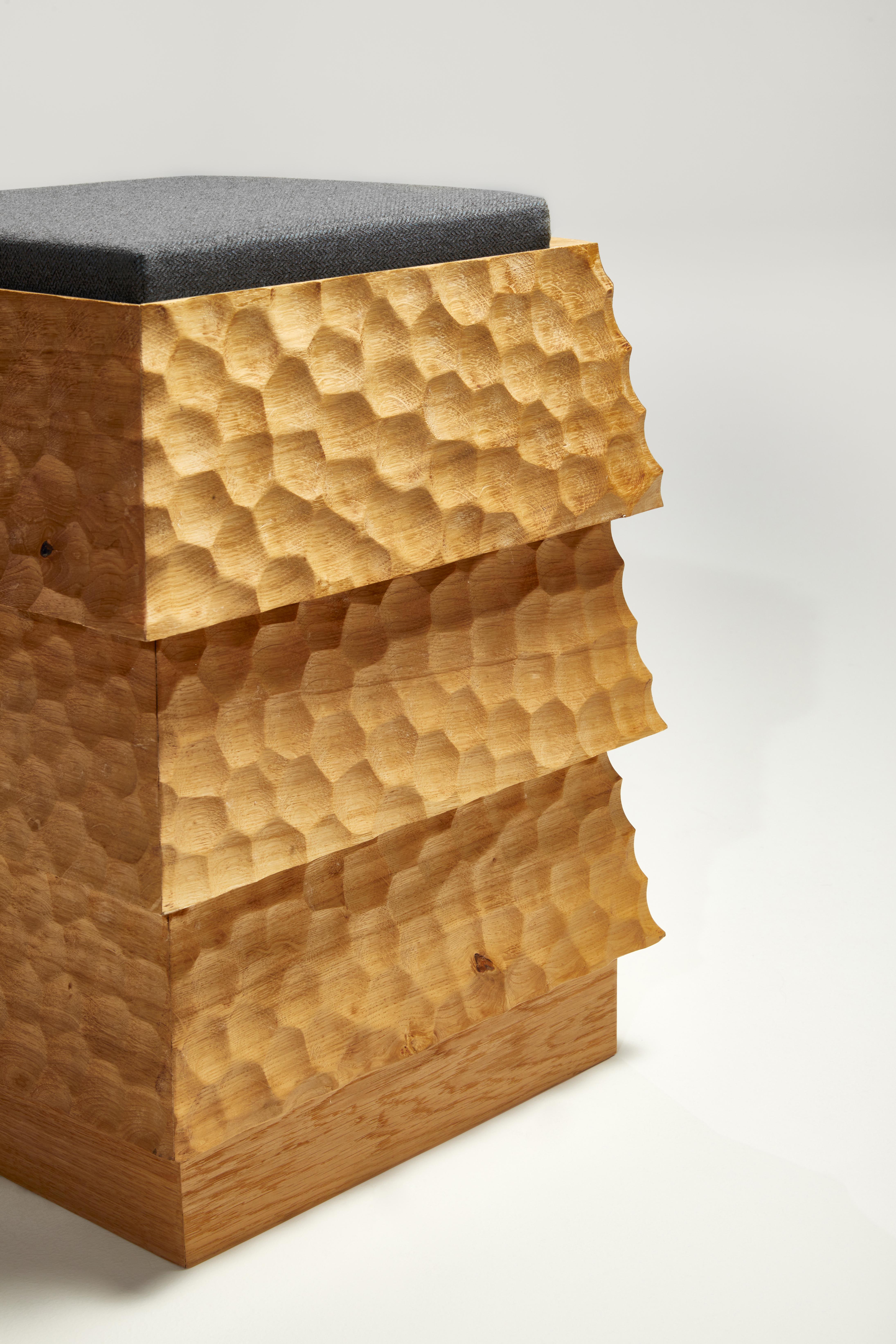 Post-Modern Pagode Naguri Stool in Oak Wood And Melange Wool Fabric by Heilig Objects For Sale