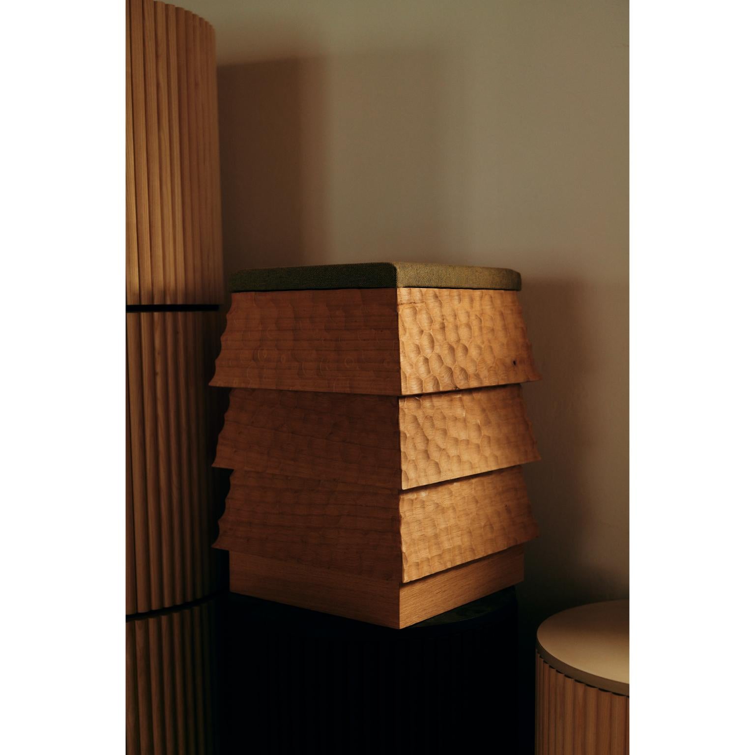 German Pagode Naguri Stool in Oak Wood And Melange Wool Fabric by Heilig Objects For Sale