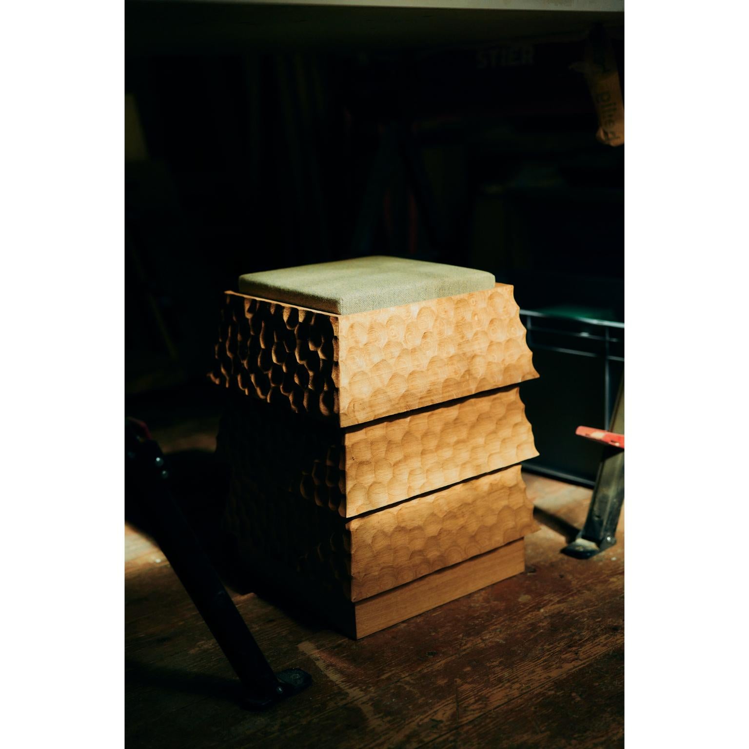 Pagode Naguri Stool in Oak Wood And Melange Wool Fabric by Heilig Objects For Sale 1