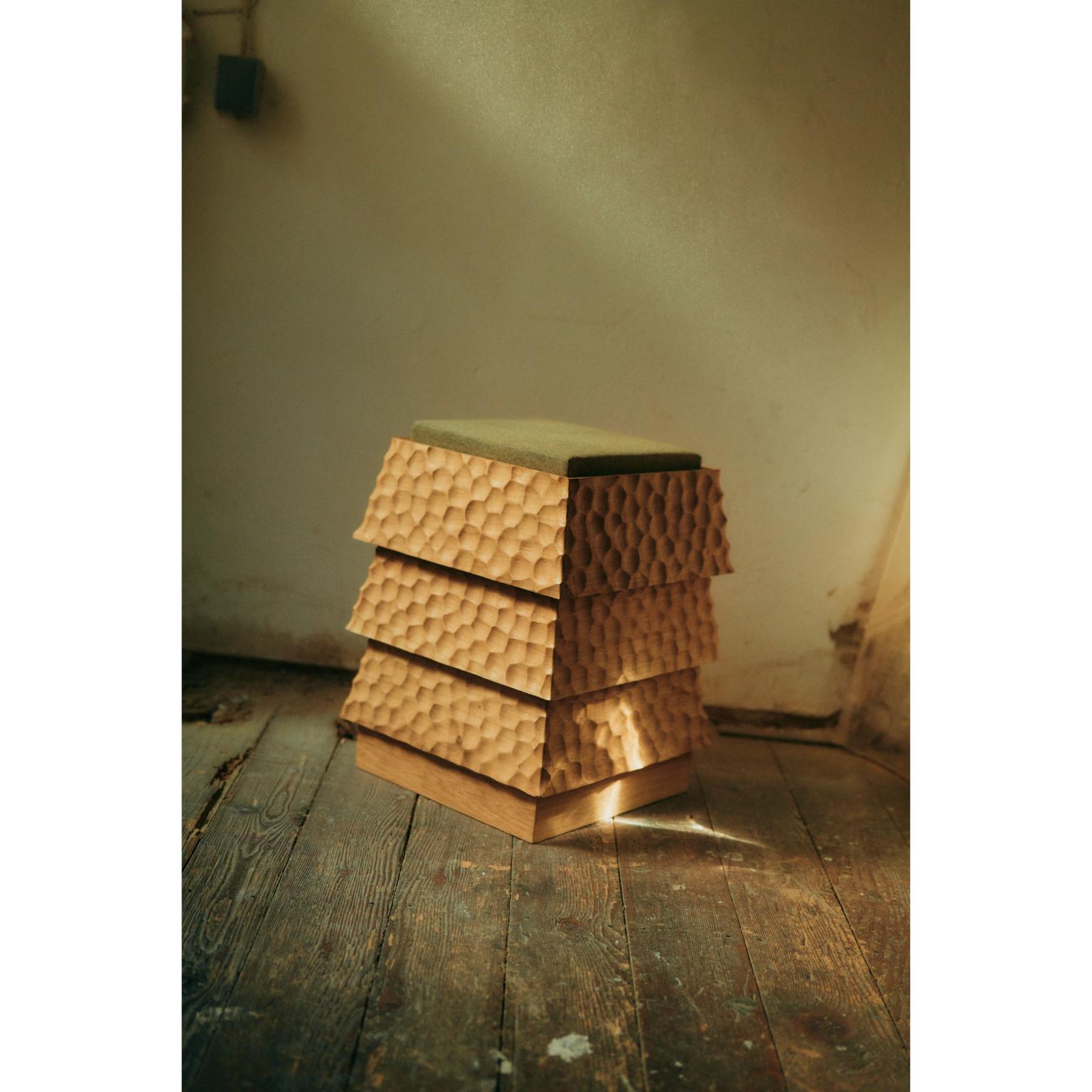Pagode Naguri Stool in Oak Wood And Melange Wool Fabric by Heilig Objects For Sale 2