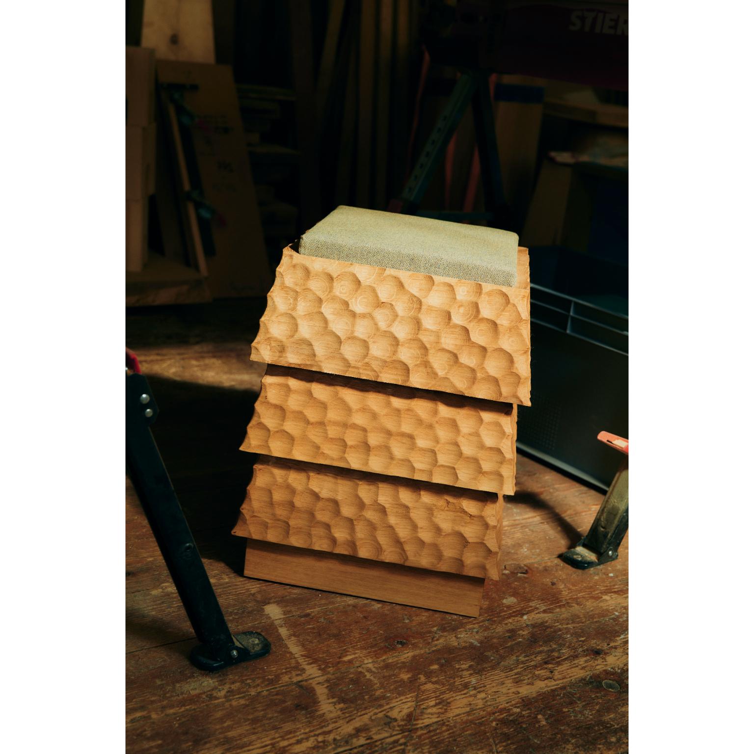 Contemporary Pagode Naguri Stool in Oak Wood And Melange Wool Fabric by Heilig Objects For Sale