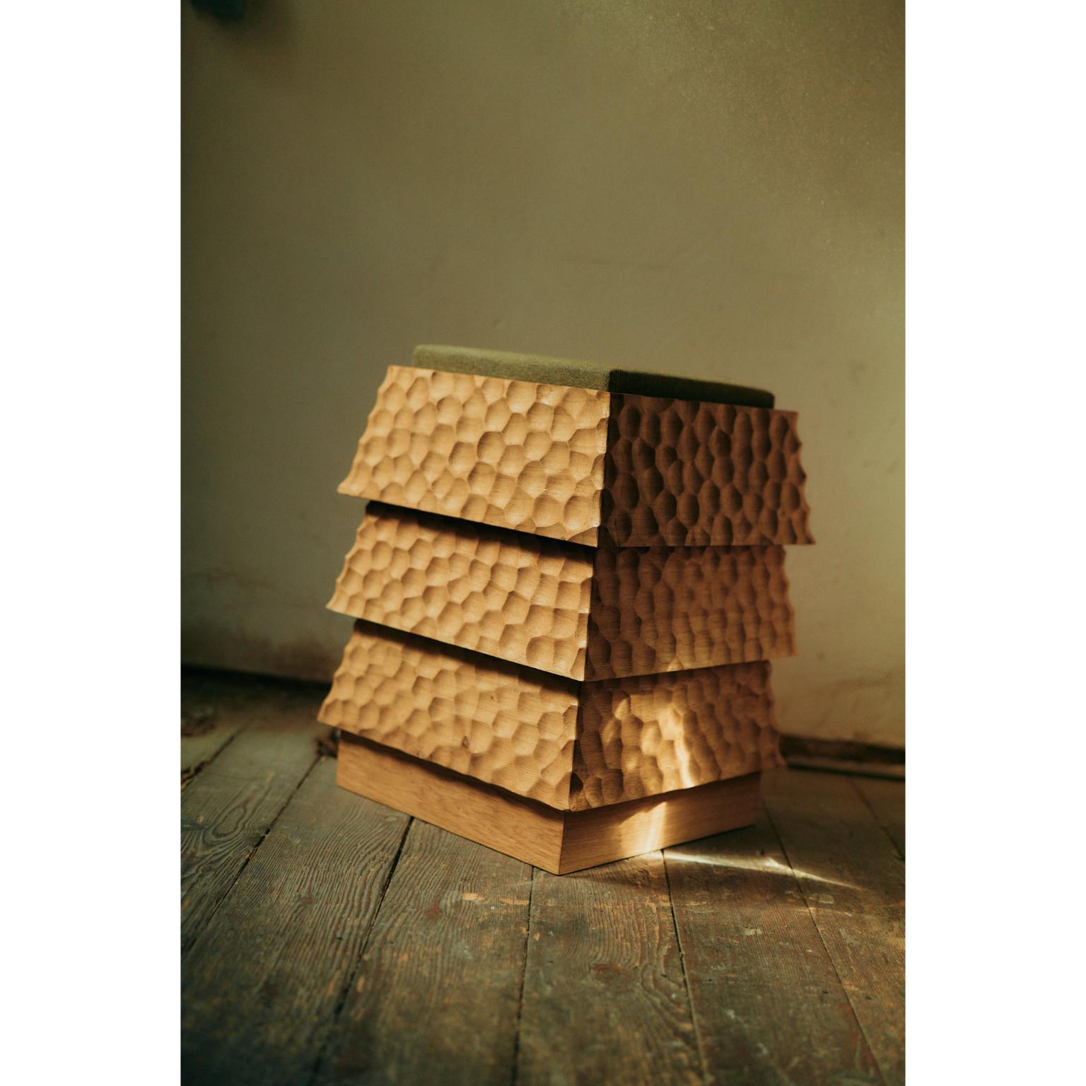 Pagode Naguri Stool in Oak Wood And Melange Wool Fabric by Heilig Objects For Sale 3