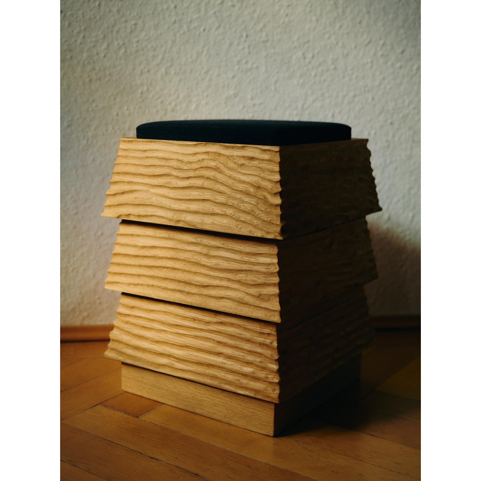 Contemporary Pagode Wahiba Stool in Oak Wood And Melange Wool Fabric by Heilig Objects For Sale