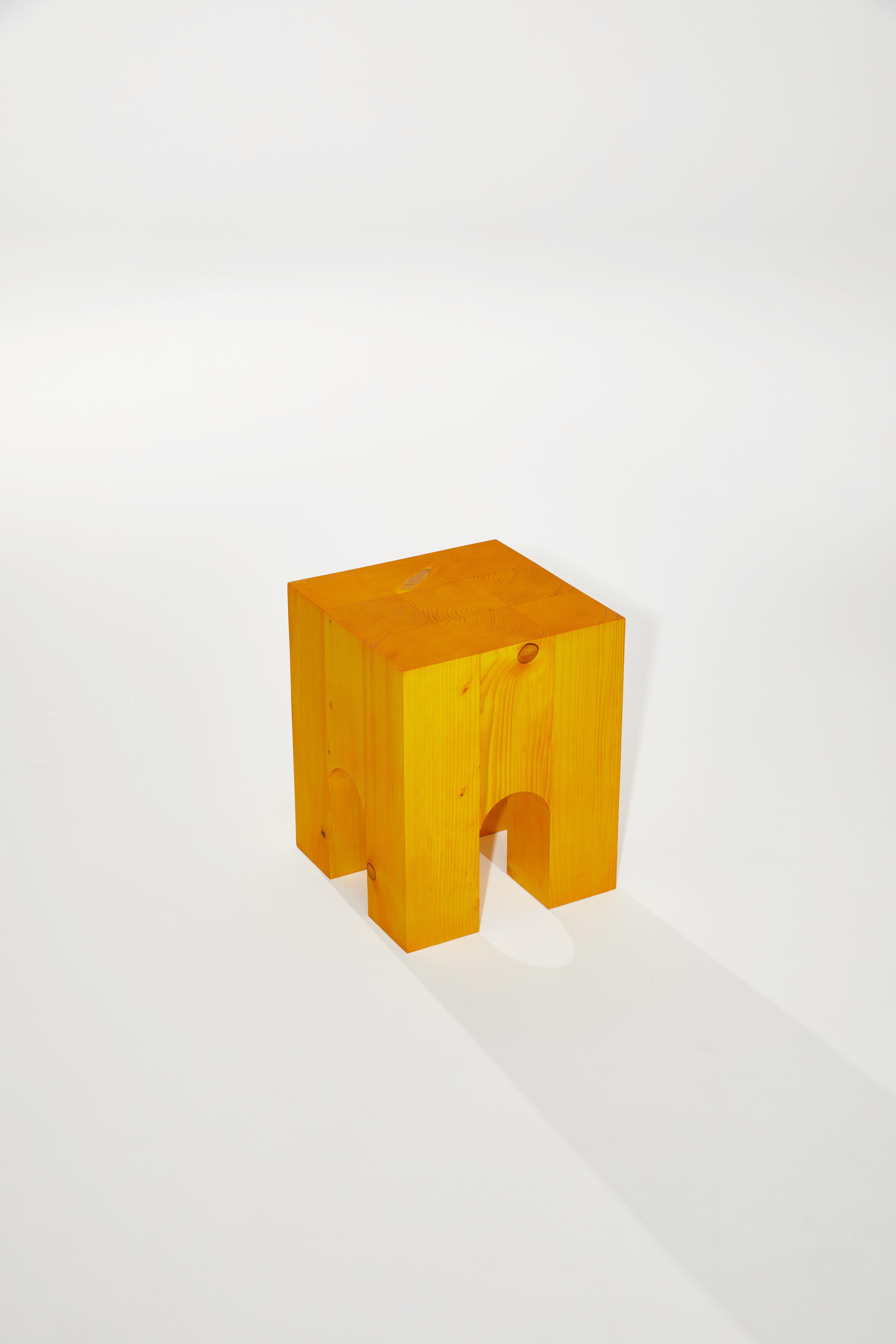 ARC-F4 Side Table in Yellow Stained Spruce Wood by Heilig Objects
Dimensions: D 36 x W 36 x H 45 cm.
Materials: Spruce wood.

Daniel Heilig. A young Hungarian-German designer, charismatic artist and creative cosmopolitan. Born in Budapest, he has