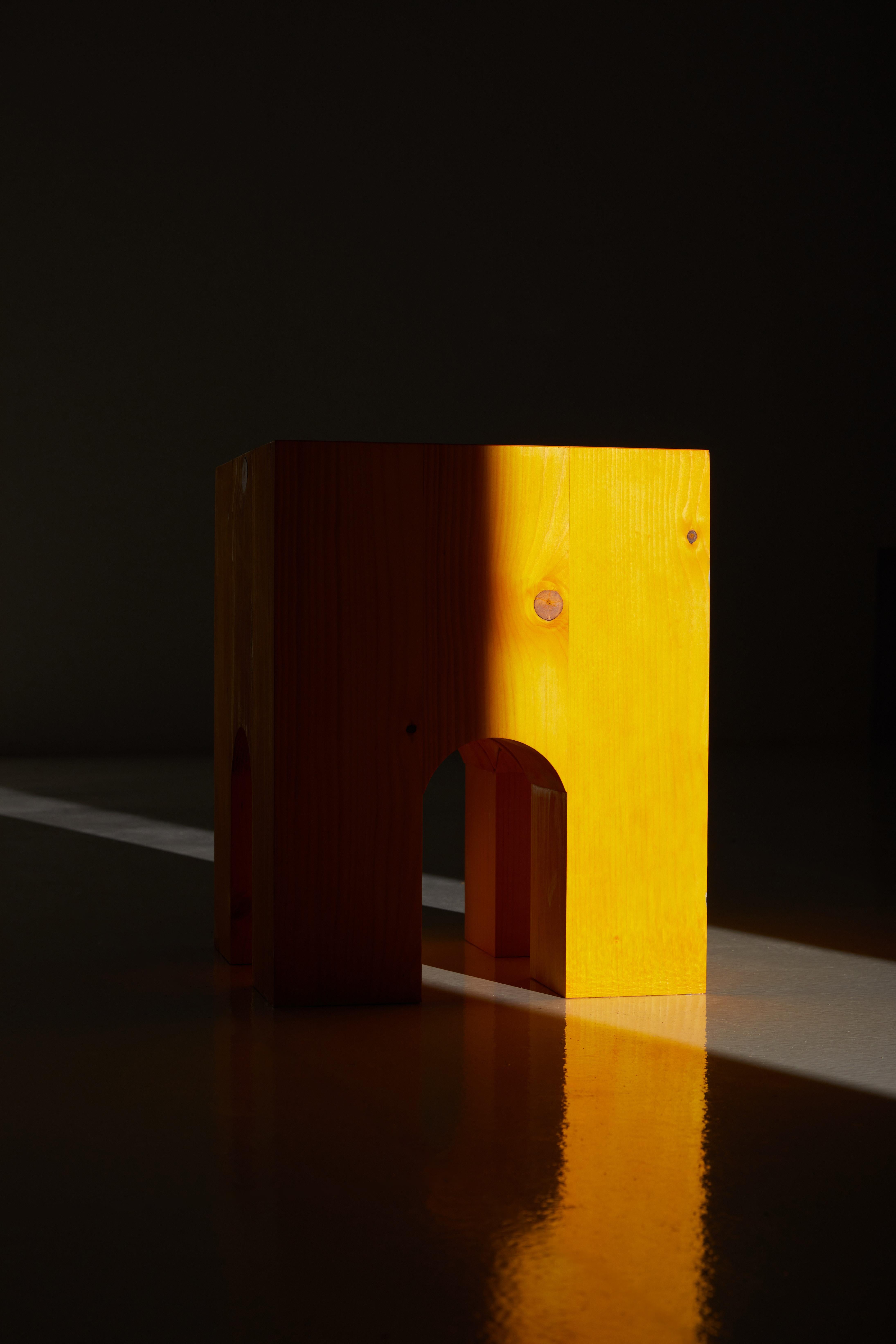 Contemporary ARC-F4 Side Table in Yellow Stained Spruce Wood by Heilig Objects For Sale